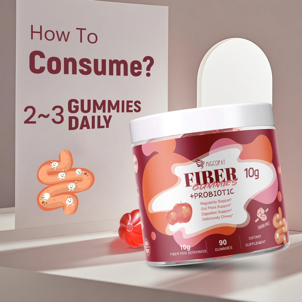 Migcopat Fiber Gummies with Probiotics,10G Fiber per Serving No Sugar Added Apple Flavor, with 10 Billion CFU Probiotics Blend, Apple Cider Vinegar,
