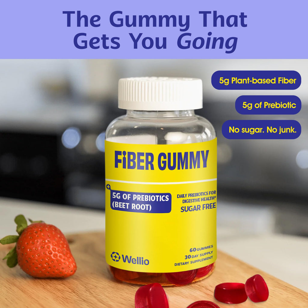 Wellio Fiber Gummies for Adults – Sugar Free Prebiotic Fiber Supplement with FOS, & Digestive Support – 5g Natural Fiber per Serving – Non-Stick Fruit Flavor – 60 Count – Made in USA