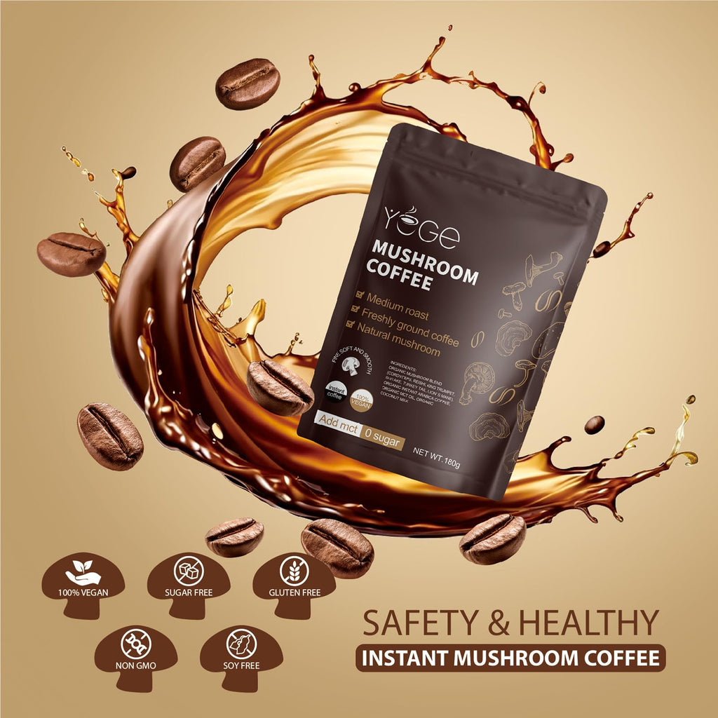 Mushroom Coffee, Instant Mushroom Coffee with Cordyceps, Reishi, King Trumpet, Shiitake, Turkey Tail, Lions Mane for Energy