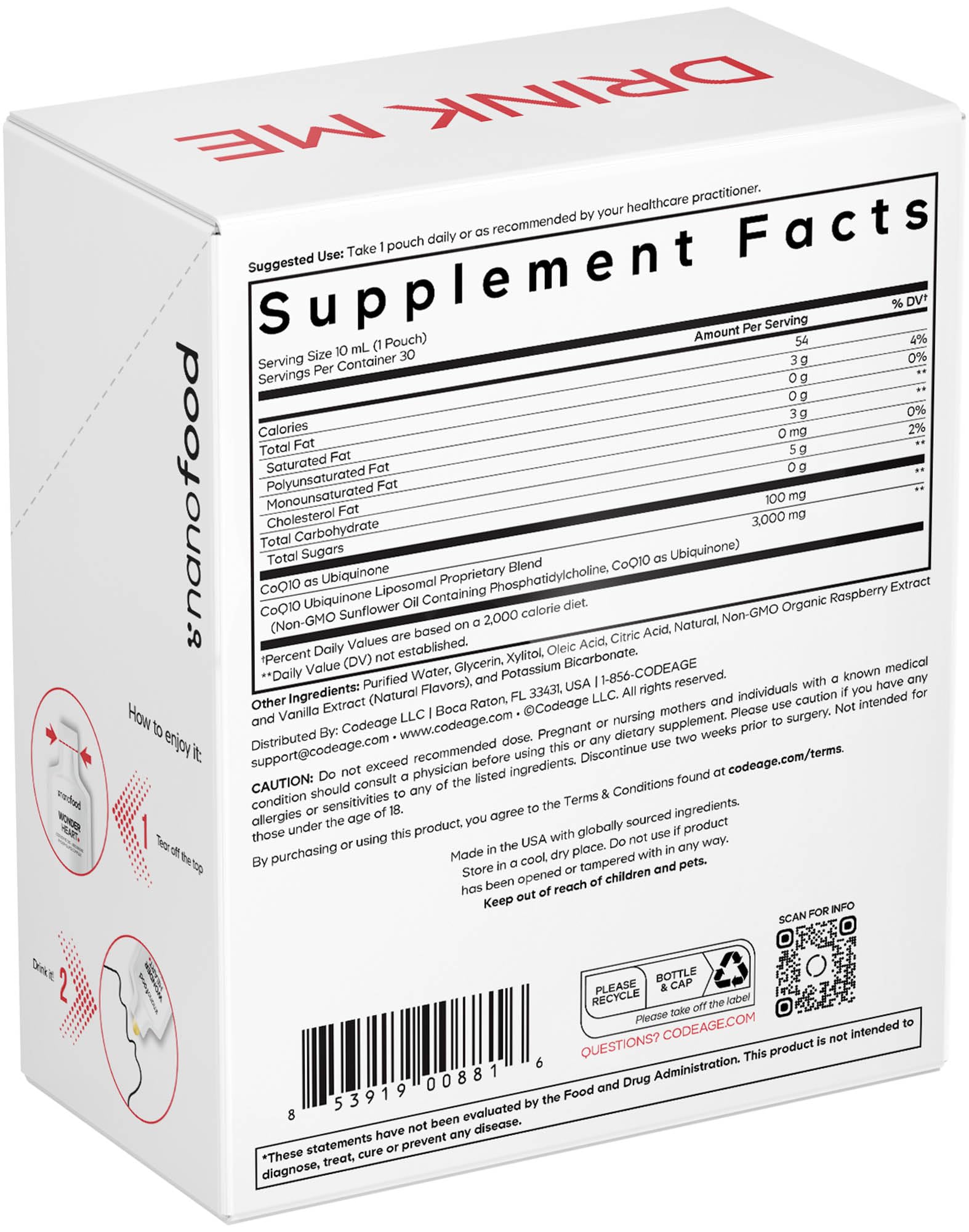 Codeage Wonder Heart Liquid CoQ10 Liposomal Ubiquinone Supplement, Coenzyme Q10 Heart Vitamins, Non-GMO Sunflower Phosphatidylcholine Vegan Blend, Raspberry Flavored Softgel, Pack of 30 Pouches Codeage Au supplements
