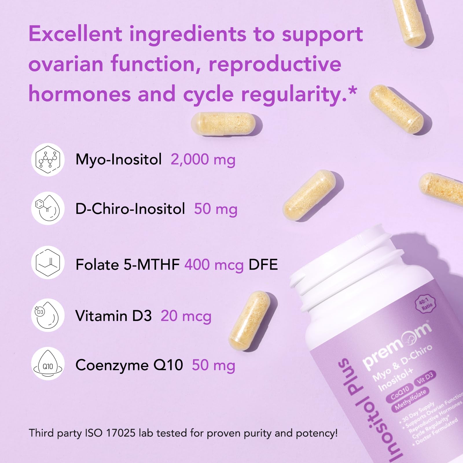 Premom Inositol Plus - 2000mg Myo-Inositol & 50mg D-Chiro Inositol, CoQ10, Folate & Vitamin D3-40:1 Ratio - Supports Hormonal Balance, Ovarian & Reproductive Health - 30 Day Supply Premom Au supplements