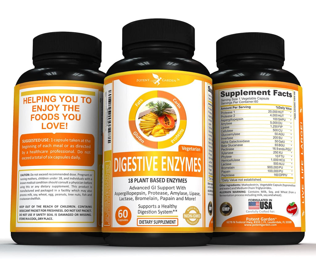 Potent Garden Digestive Enzymes -18 Plant Based Enzymes with amylase lipase bromelain Protease lactase & Other Enzymes - One Pre Meal Pill Supports Healthy