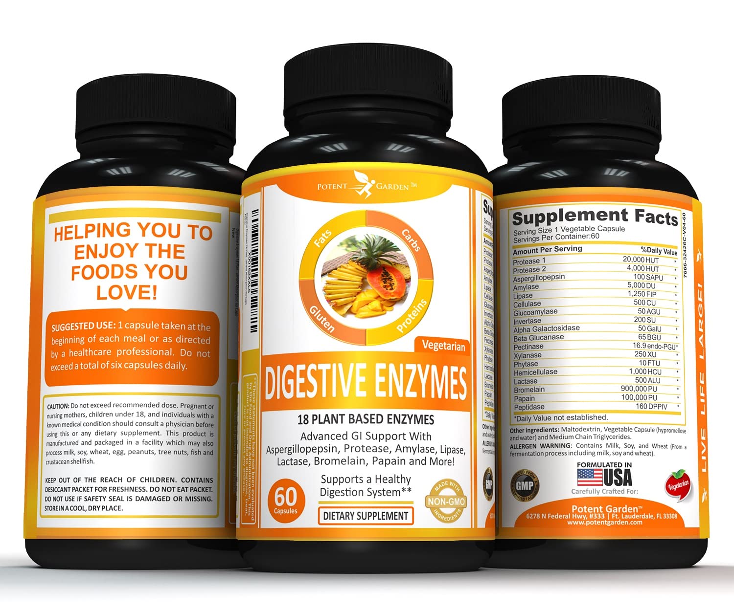 Potent Garden Digestive Enzymes -18 Plant Based Enzymes with amylase lipase bromelain Protease lactase & Other Enzymes - One Pre Meal Pill Supports Healthy