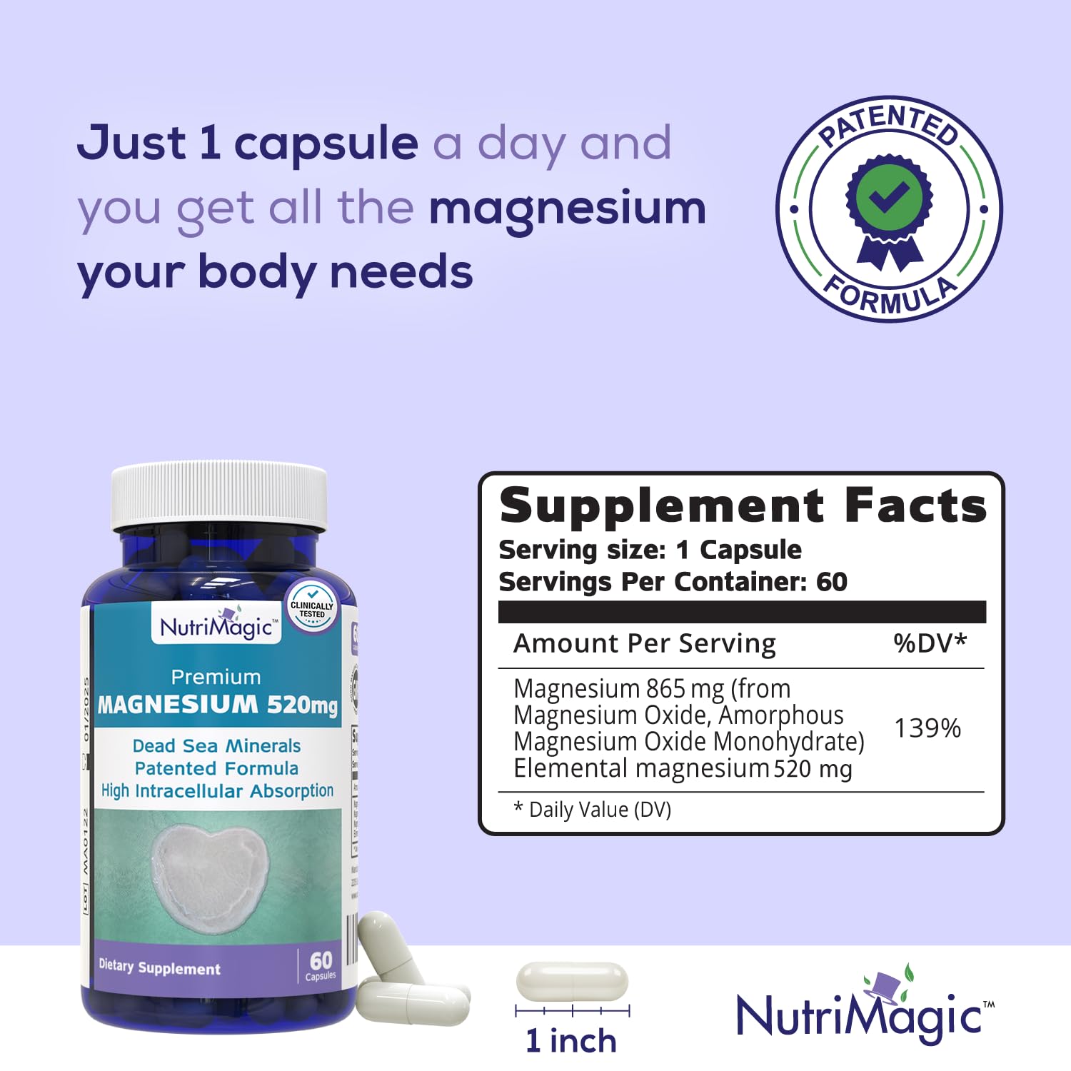 NutriMagic 520mg Patented High Absorption Elemental Magnesium from Oxide, Dead Sea Minerals Complex (1 Bottle, 2-Month Supply (60 Capsules)) NutriMagic Au supplements