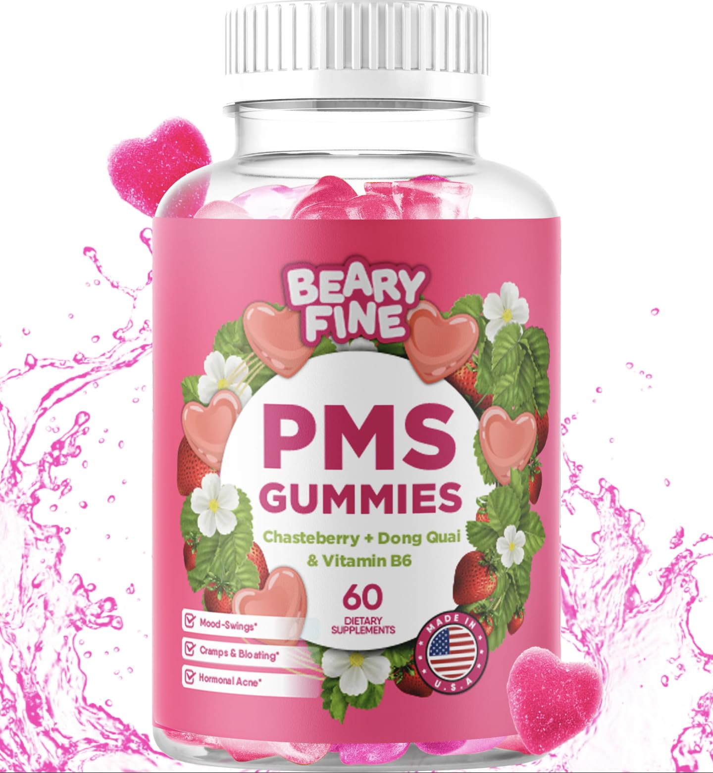 Beary Fine PMS Gummies - PMS Vitamins for Women & Teens - PMS Period Relief - Cramping, Bloating, Mood Swings - Made in The USA (Strawberry, 60 Count) Beary Fine Au supplements