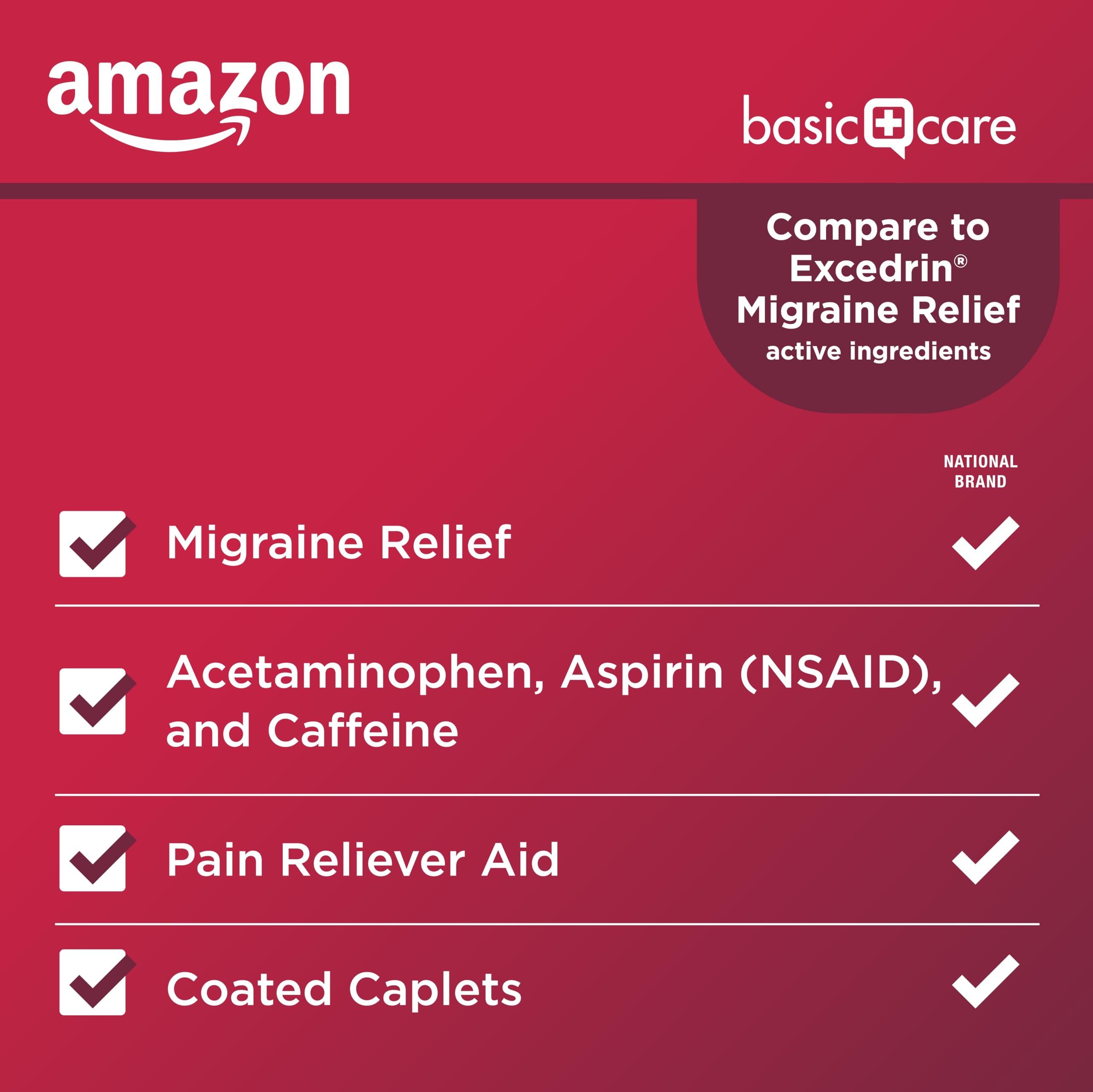 Amazon Basic Care Migraine Relief Acetaminophen, Aspirin (NSAID) and Caffeine Tablets, Pain Reliever/Pain Reliever Aid, 200 Count Amazon Basic Care Au supplements
