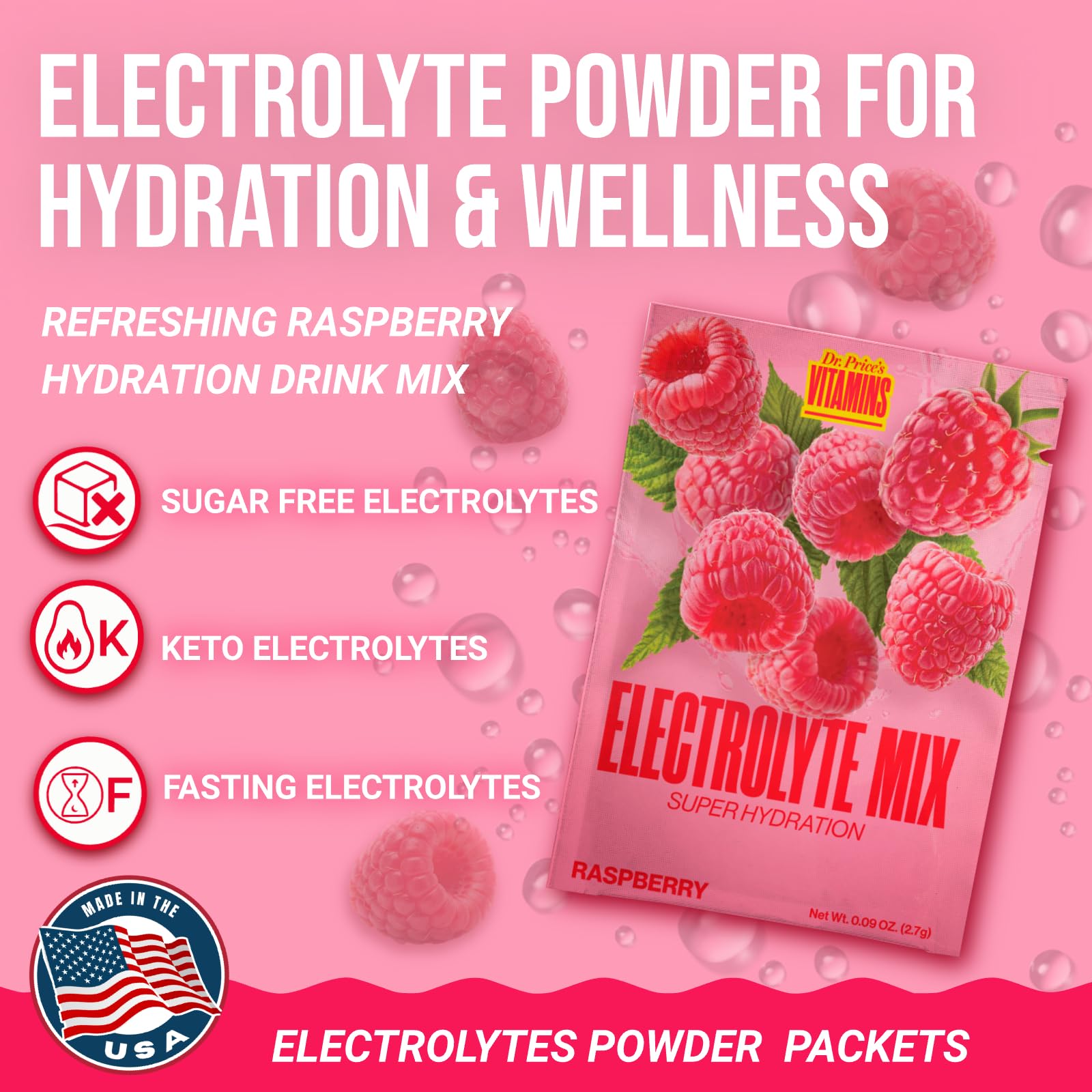 Dr. Price’s Electrolytes Hydration Powder Packets – Raspberry, 30 Packs | Sugar Free Electrolyte Drink Mix, 72+ Trace Minerals, Manganese | Keto Electrolytes,