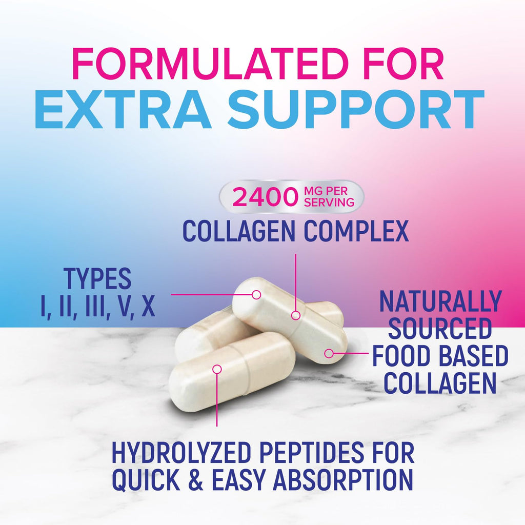 Multi Collagen Pills - Multi Collagen Complex 2400 mg Per Serving - Types I, II, III, V, X - Hydrolyzed Collagen Peptides Supplement - Hair, Skin & Nail Support