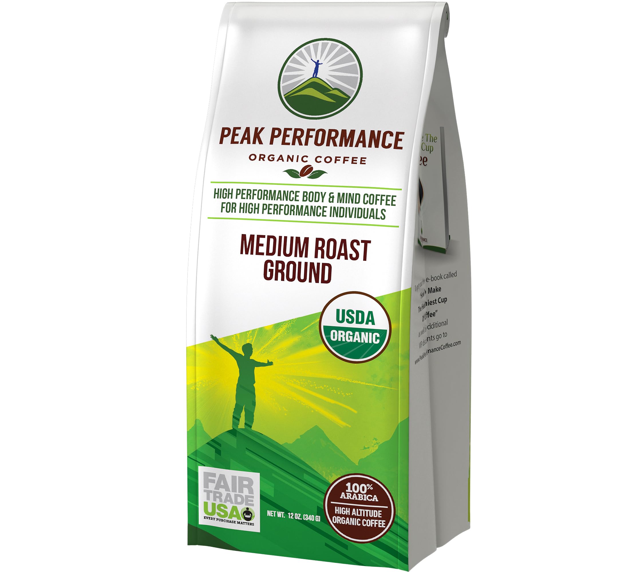 Peak Performance High Altitude Organic Coffee - Fair Trade, Low Acid, Non GMO, and Beans Full of Antioxidants - Medium Roast Smooth Tasting USDA Certified Organic Ground Coffee Bag 12 oz Peak Performance Au supplements