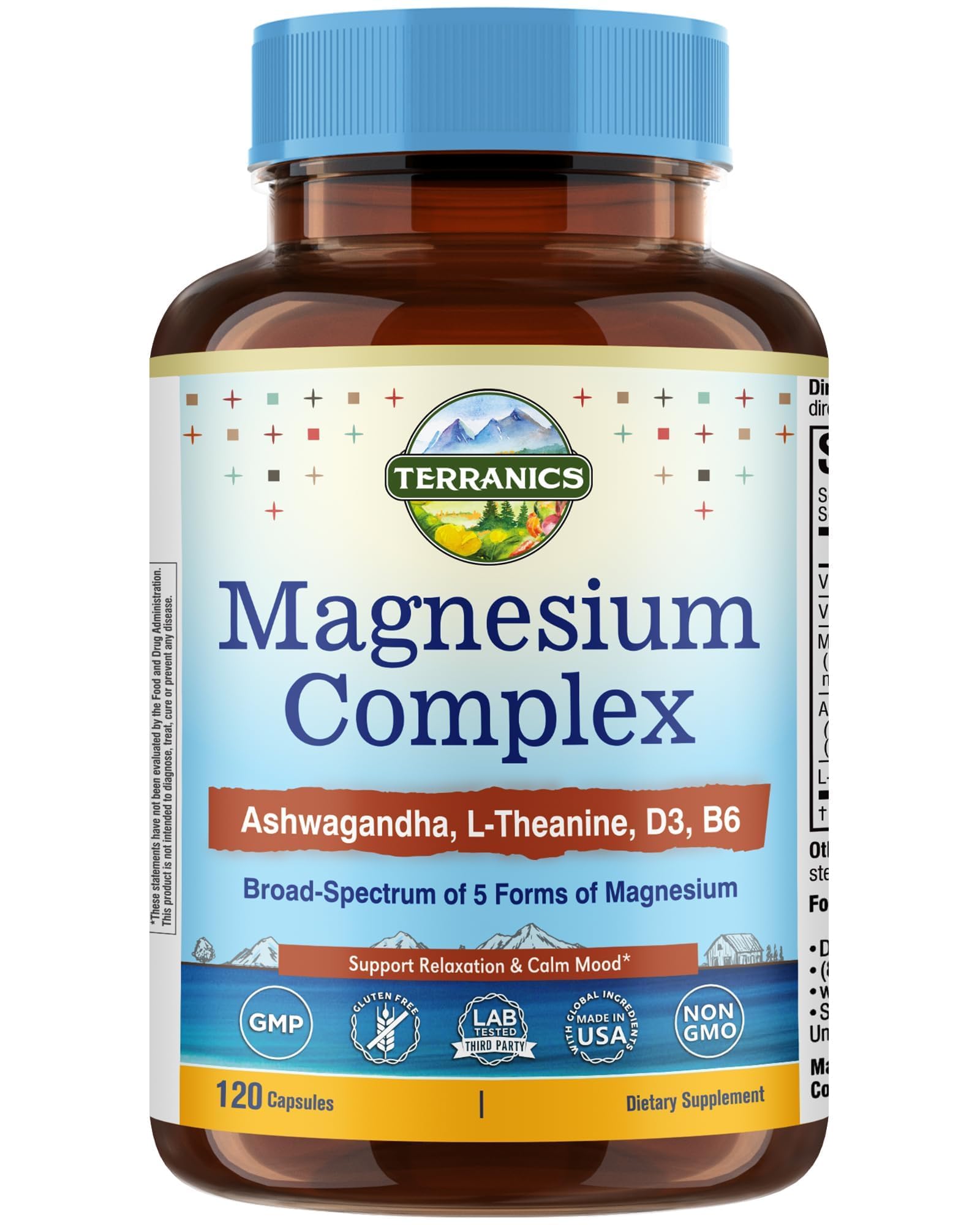 Terranics Magnesium Complex Supplement with Glycinate, Citrate, Taurate & Malate | Supports Nerve & Mood Health | Includes Ashwagandha, L-Theanine, Vitamin D3 & B6 | 120 Capsules | Non-GMO Terranics Au supplements
