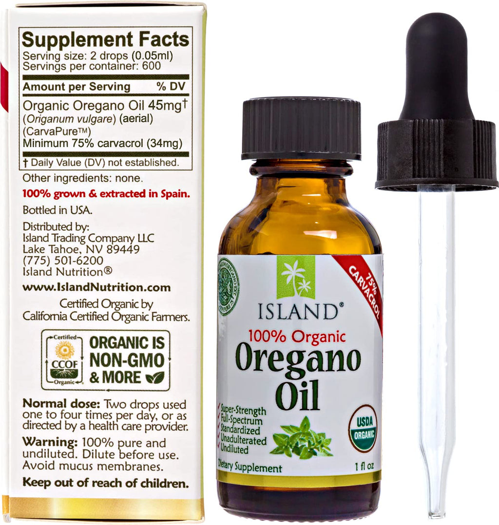 Island Nutrition, Oregano Oil Organic Liquid Drops - 100% Pure & Undiluted - USDA-Certified Organic (1 oz) 75% Carvacrol