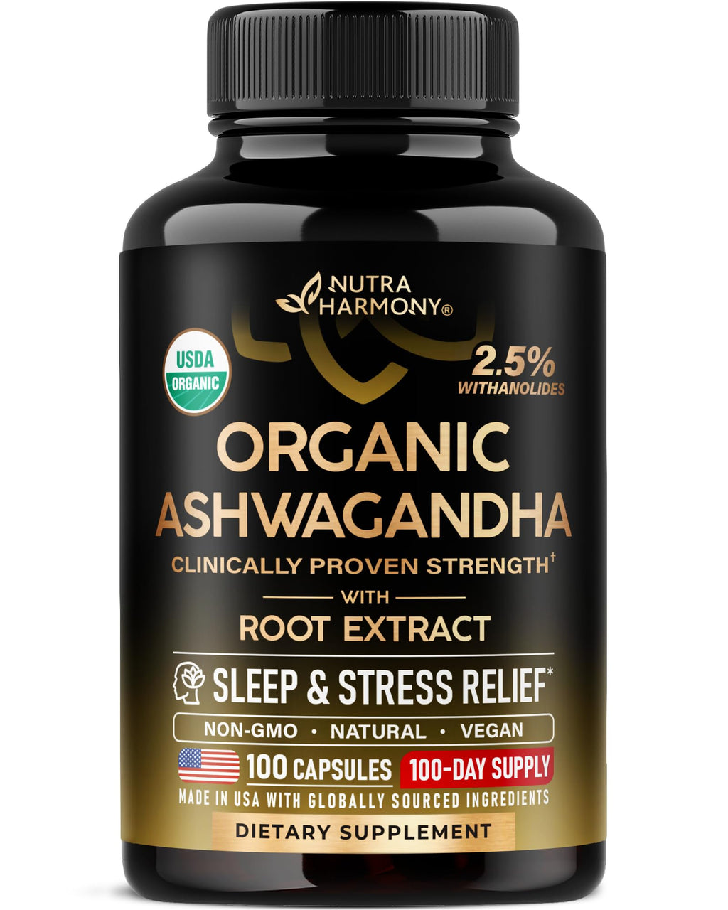 Ashwagandha Supplements 1800mg - USDA Organic Ashwagandha for Women & Men - Clinically Effective Strength for Stress Relief & Sleep - Powder & Root Extract 2.5% Withanolides - Made in USA 100 Capsules NUTRAHARMONY Au supplements