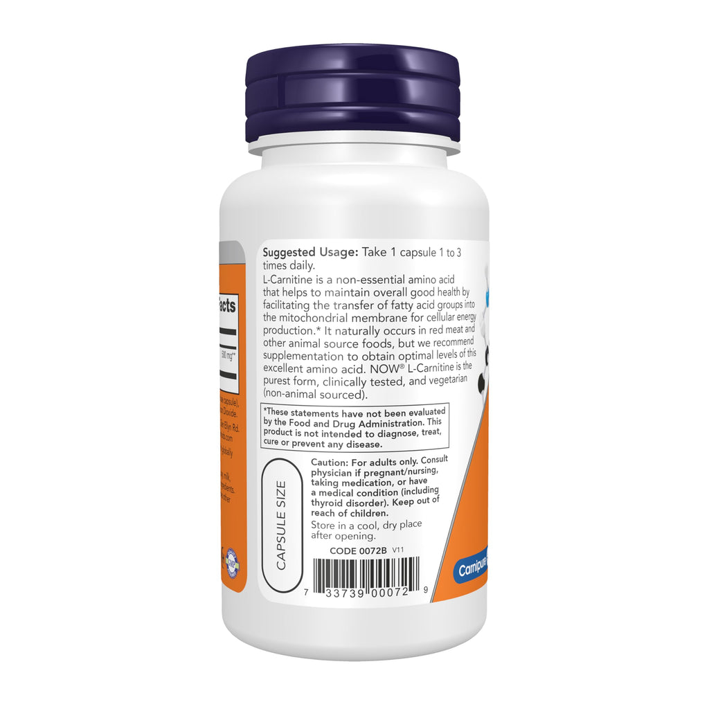 NOW Foods Supplements, L-Carnitine 500mg, Purest Form, Amino Acid, Fitness Support*, 60 Veg Capsules