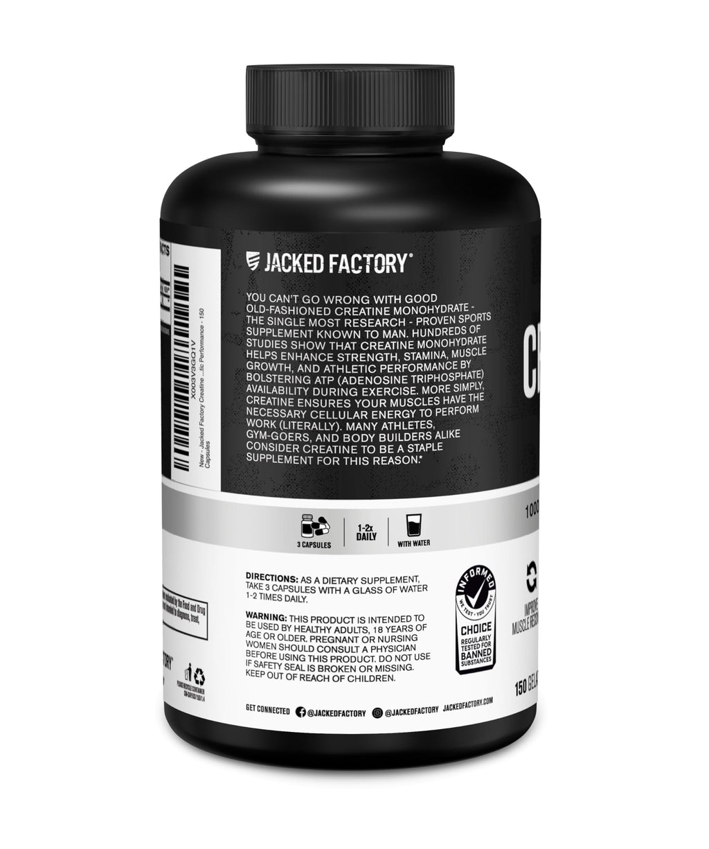 Jacked Factory Creatine Monohydrate Capsules - Creatine Pills for Muscle Growth, Increased Strength, Enhanced Energy Output and Improved Athletic Performance - 150 Capsules Jacked Factory Au supplements