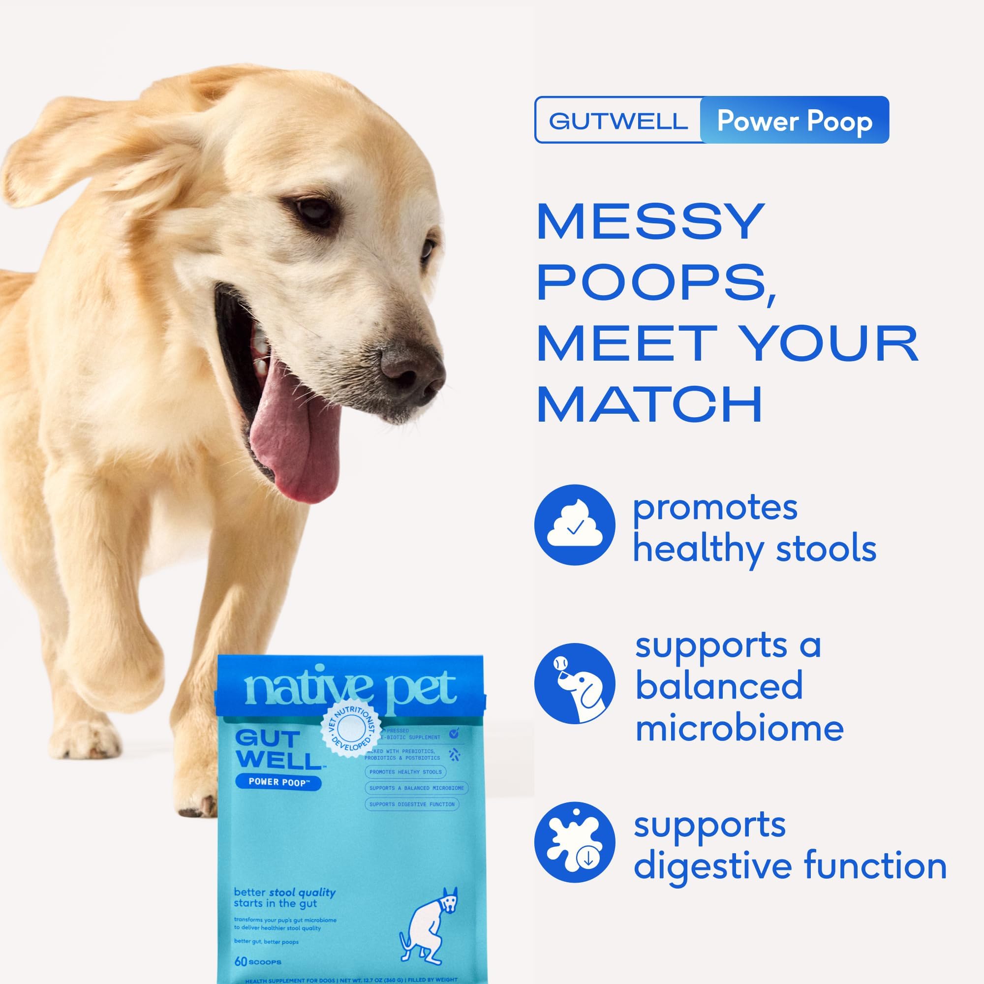 GutWell Power Poop - Digestive Enzymes & Fiber for Dogs - Dog Fiber Supplements Help with Diarrhea Relief, Upset Stomach, Pet Gas & Gut Health with Targeted Triple-Biotic Blend & M-Fiber - 60 Scoops Native Pet Au supplements