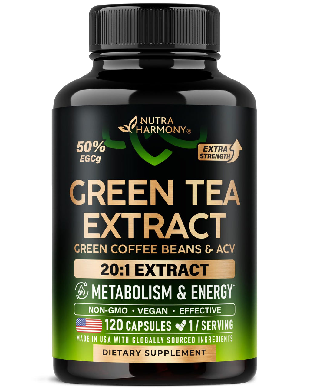 Green Tea Extract - 50% EGCG, Extra Strength 20:1 Extract - Natural Green Tea Supplement + Green Coffee Beans & Apple Cider Vinegar - Energy & Metabolism Support