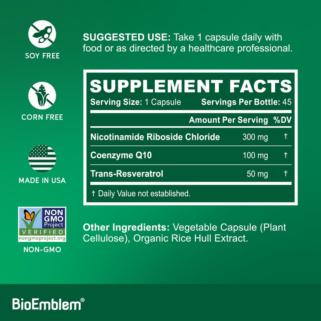 BioEmblem NAD+ Supplement | 300 mg Nicotinamide Riboside with CoQ10 & Resveratrol | Supports Healthy Aging, Cellular Energy and Cognitive Function | Non-GMO, Gluten Free - 45 Capsules BioEmblem Au supplements