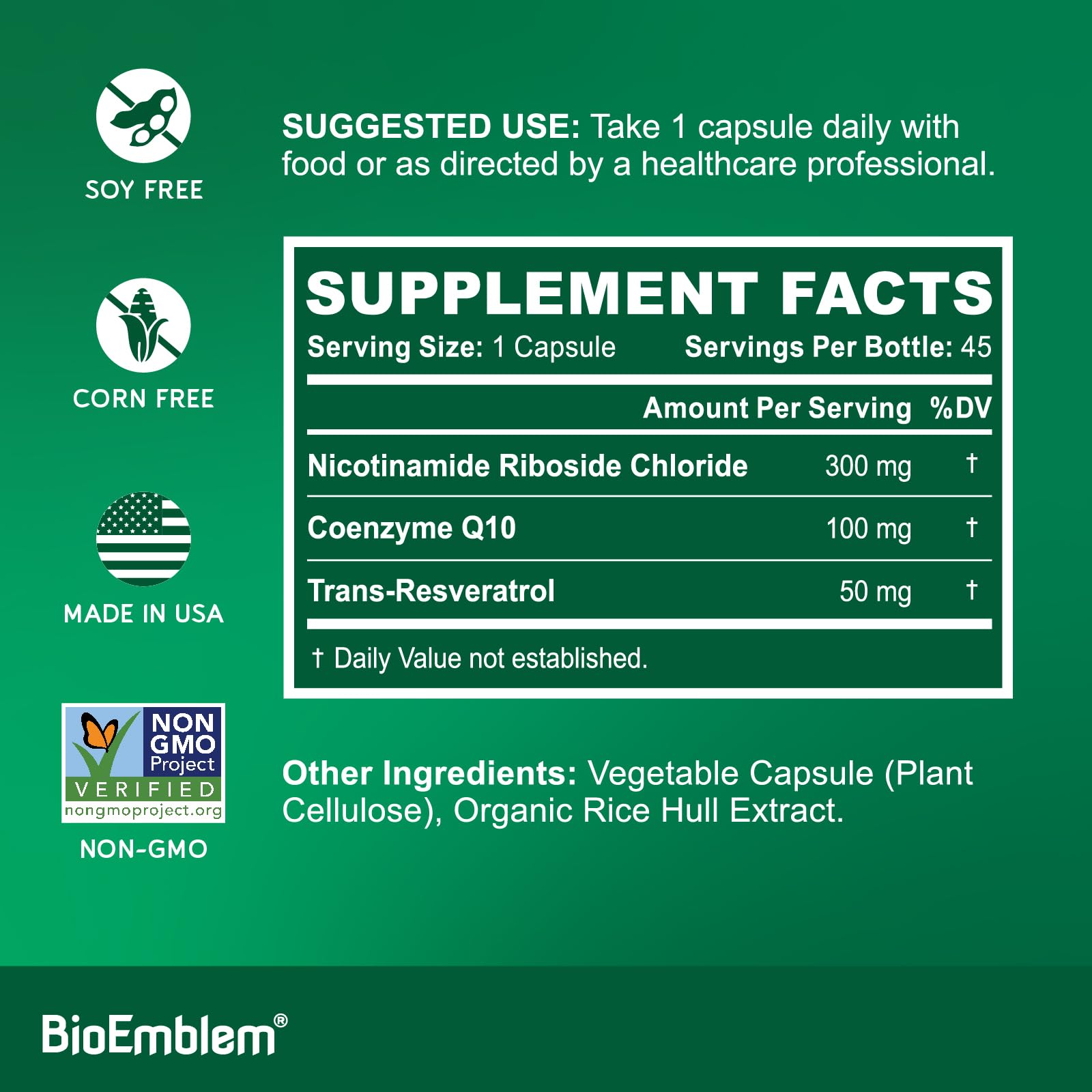BioEmblem NAD+ Supplement | 300 mg Nicotinamide Riboside with CoQ10 & Resveratrol | Supports Healthy Aging, Cellular Energy and Cognitive Function | Non-GMO, Gluten Free - 45 Capsules BioEmblem Au supplements