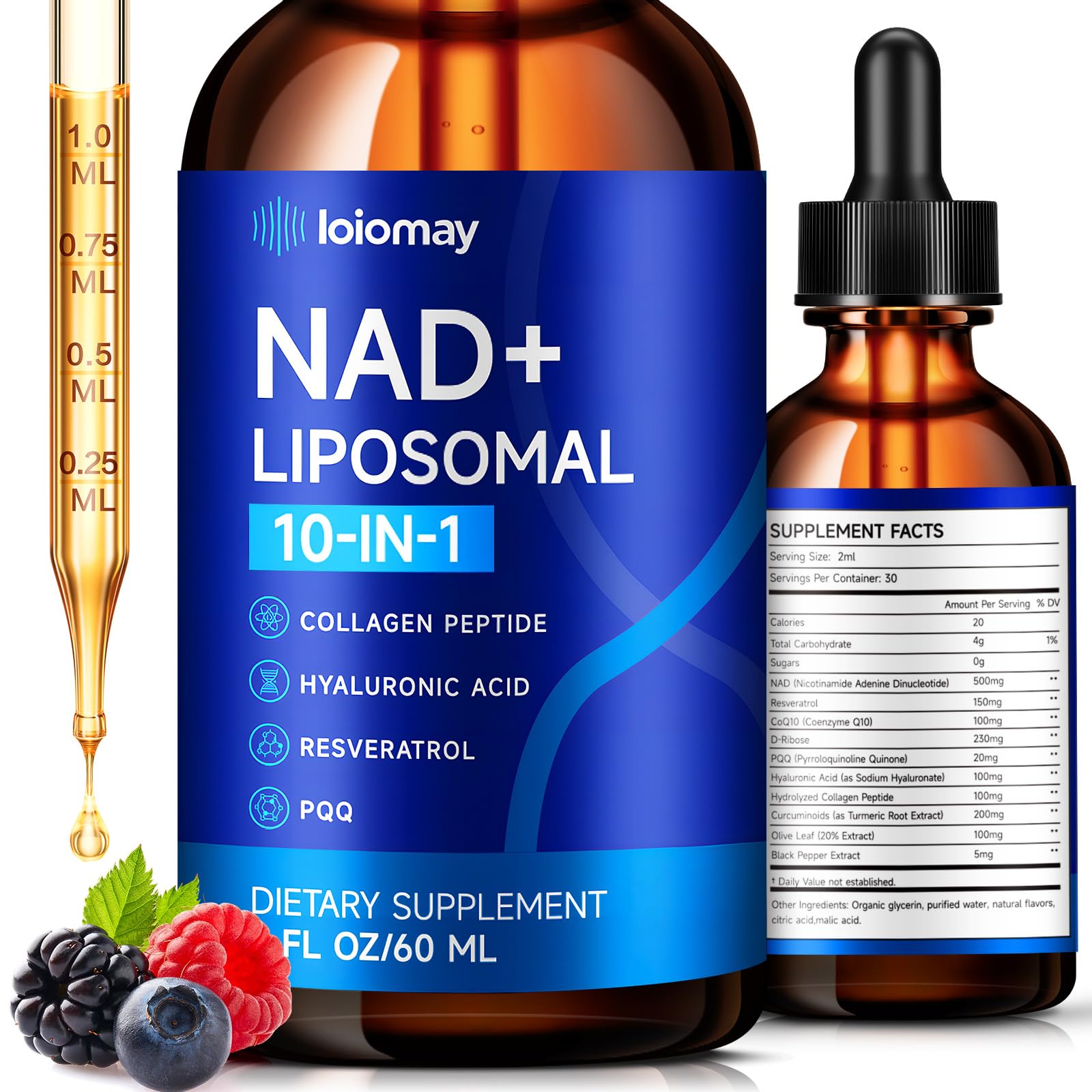 Liposomal NAD Liquid Supplement - 1500mg NAD+ Drops for Women & Men with Resveratrol & Nicotinamide Riboside, PQQ, Collagen & Turmeric for Anti-Aging & Longevity, Cellular Energy Health, 2 Fl Oz loiomay Au supplements
