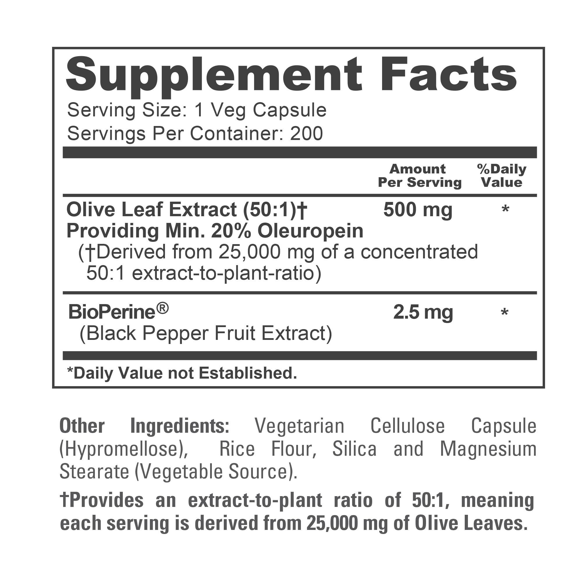NusaPure Olive Leaf 20% Oleuropein 50:1 Extract, 500 mg Equivalent to 25,000 mg 200 Veg Caps Suitable for Vegetarians and Vegans, Non-GMO NusaPure Au supplements