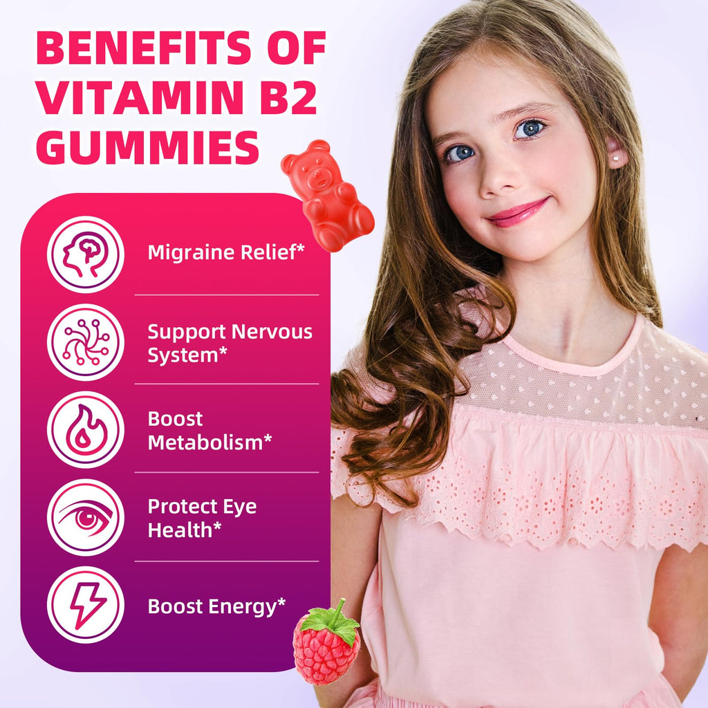 VCCHUYH Vitamin B2 Gummies for Kids & Adults, VIT B2 Riboflavin 400mg Supplement with Magnesium for Migraine Relief & Nervous System Support, Non-GMO