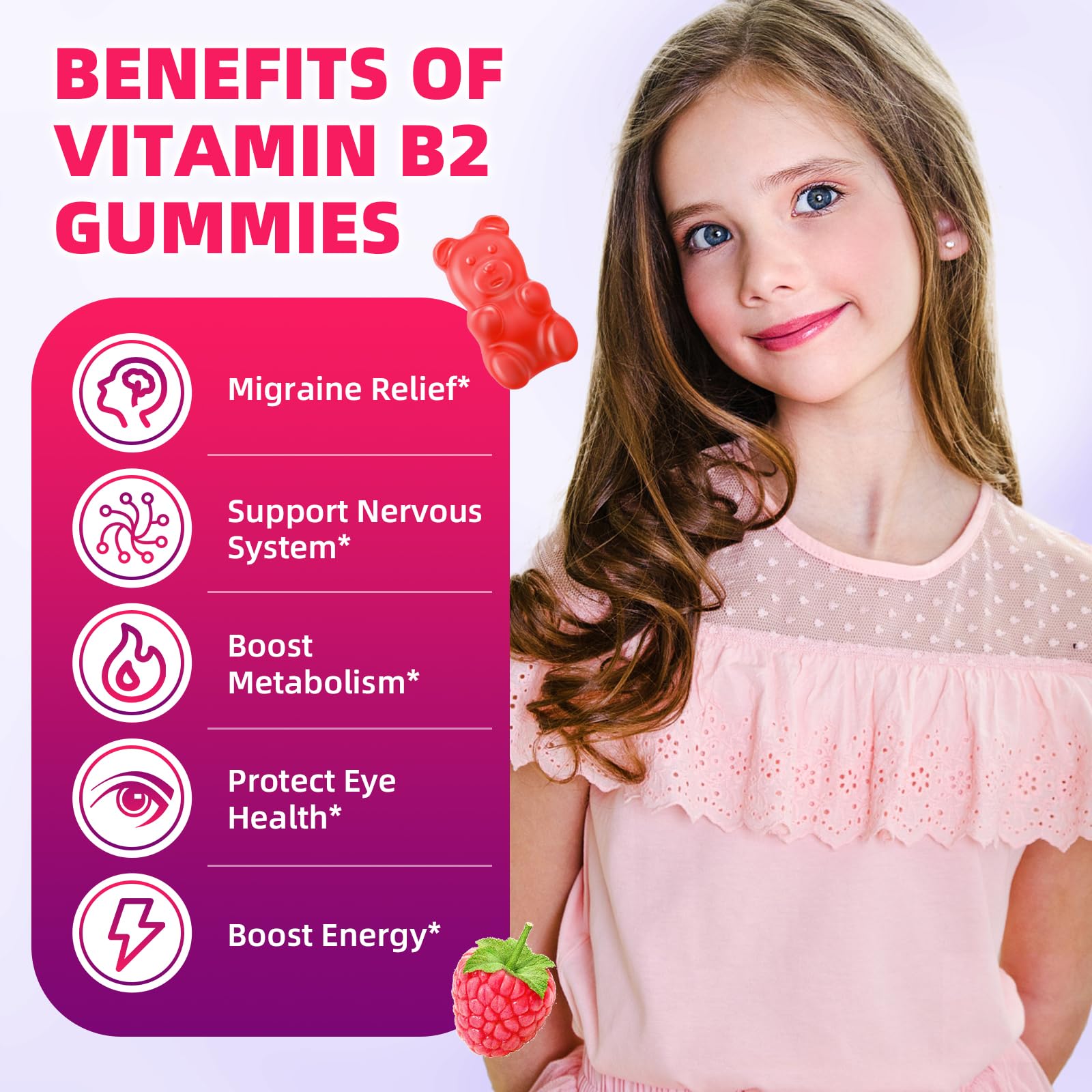 VCCHUYH Vitamin B2 Gummies for Kids & Adults, VIT B2 Riboflavin 400mg Supplement with Magnesium for Migraine Relief & Nervous System Support, Non-GMO