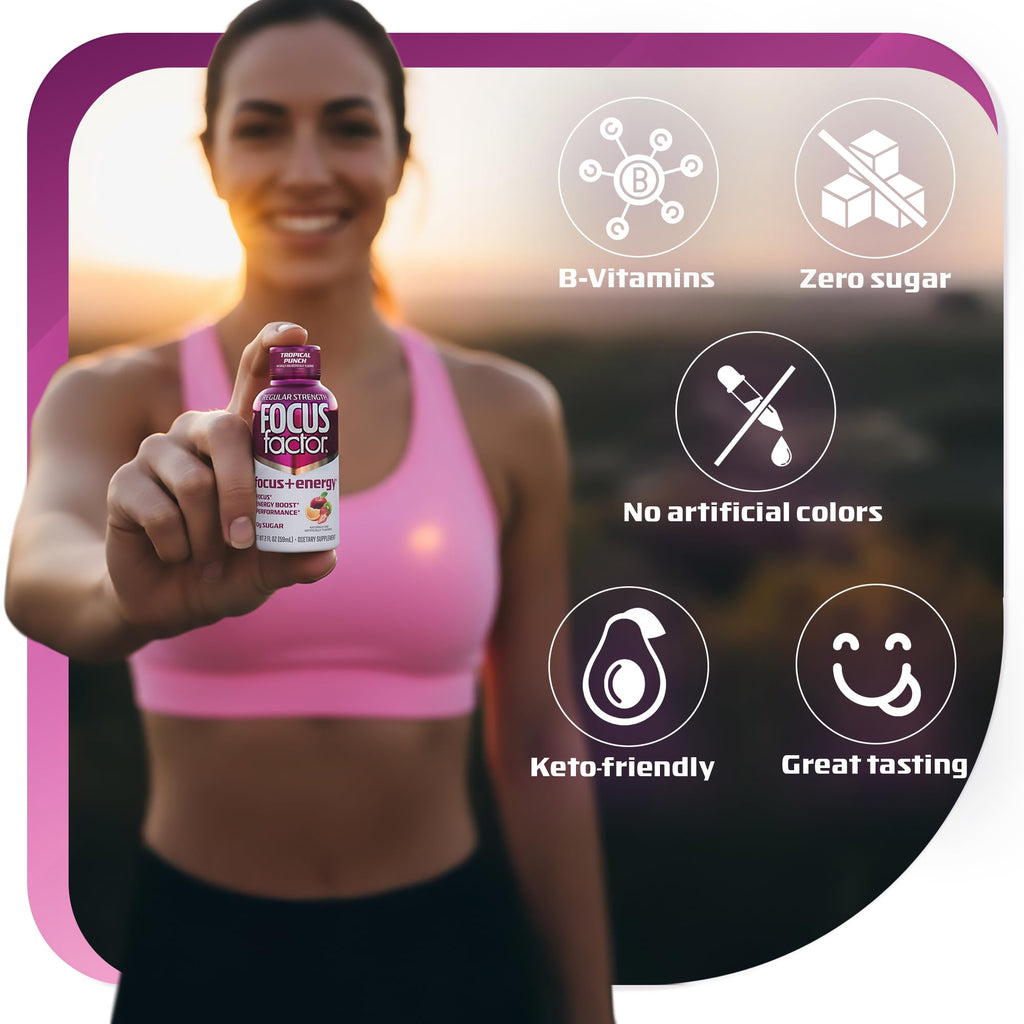 Focus Factor Focus + Energy Shots - 12 x 2oz Bottles (Tropical Punch Flavor) - Powered by Nootropics with Caffeine, L-Theanine, Ginkgo, Bacopa, L-Tyrosine, Alpha GPC Focus Factor Au supplements