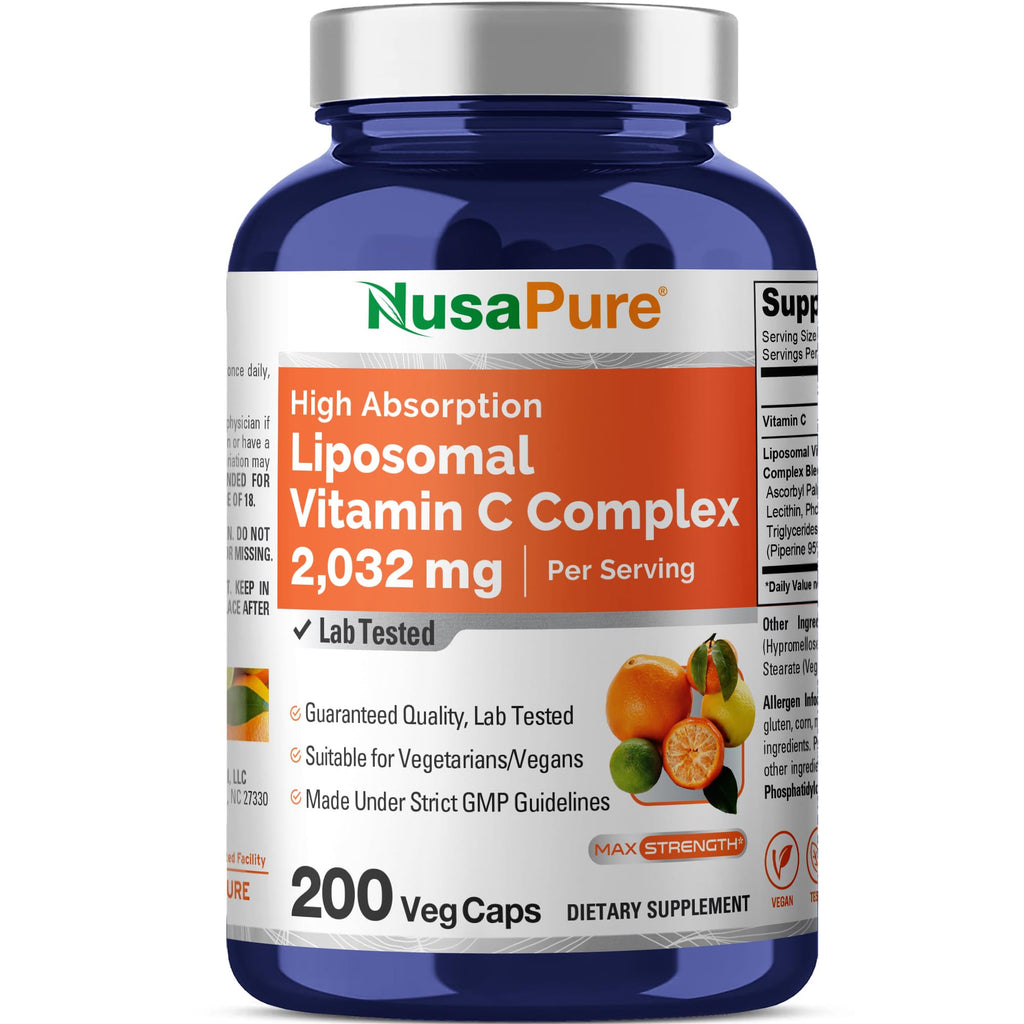 NusaPure Liposomal Vitamin C 2032mg - 200 Veggie Vegan Capsules, BioPerine - High Absorption Ascorbic Acid NusaPure Au supplements