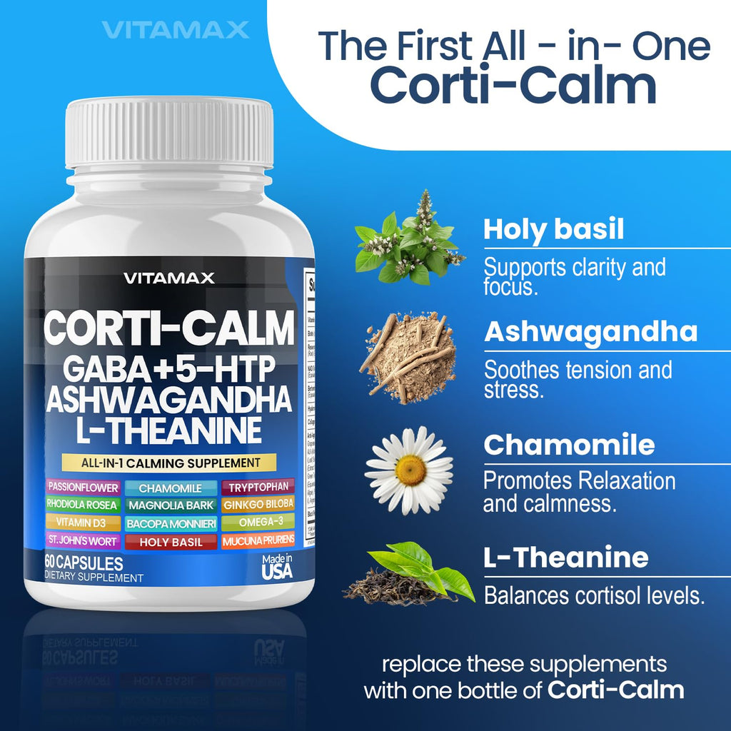 Corti-Calm Cortisol Supplement, L Theanine, Ashwagandha, Vitamin D 3, GABA for Relaxation, Fatigue & Focus with Ginkgo Biloba, Bacopa Monnieri, 5-HTP – Non-GMO, Made in USA – 60ct Vitamax Au supplements