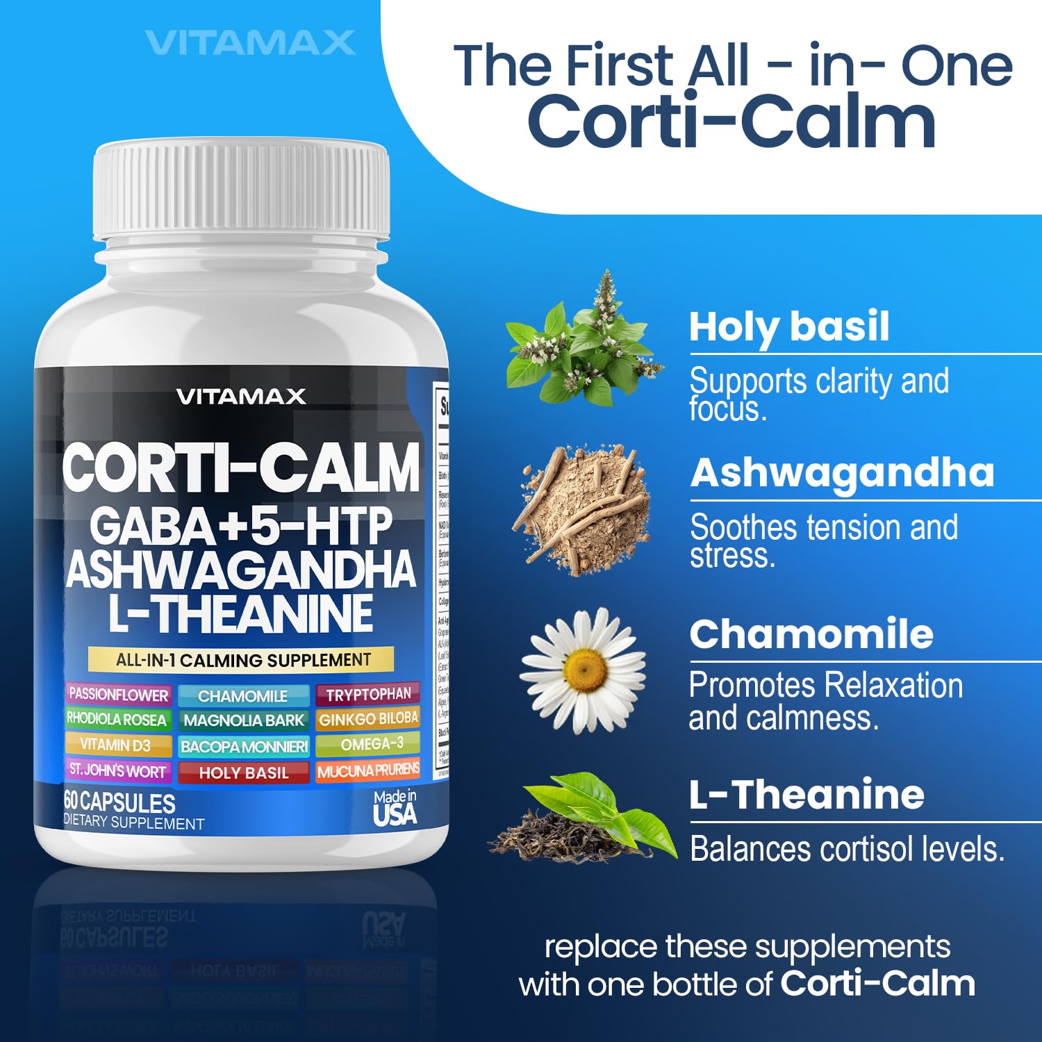 Corti-Calm Cortisol Supplement, L Theanine, Ashwagandha, Vitamin D 3, GABA for Relaxation, Fatigue & Focus with Ginkgo Biloba, Bacopa Monnieri, 5-HTP – Non-GMO, Made in USA – 60ct Vitamax Au supplements