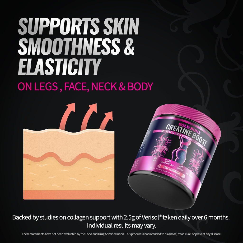 Bold Buns Creatine for Women – Supplement with Collagen & BCAA – Supports Muscle Development, Post-Workout Recovery, Skin Elasticity,