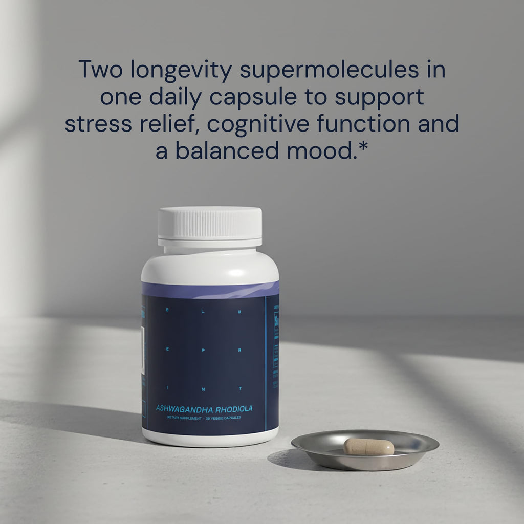 Blueprint Bryan Johnson Ashwagandha & Rhodiola Supplement – 120mg Ashwagandha + Rhodiola Root – Daily Adaptogen Capsules for Stress Support, Mood Balance, Energy & Focus – 30 Vegan Capsules Blueprint Bryan Johnson Au supplements
