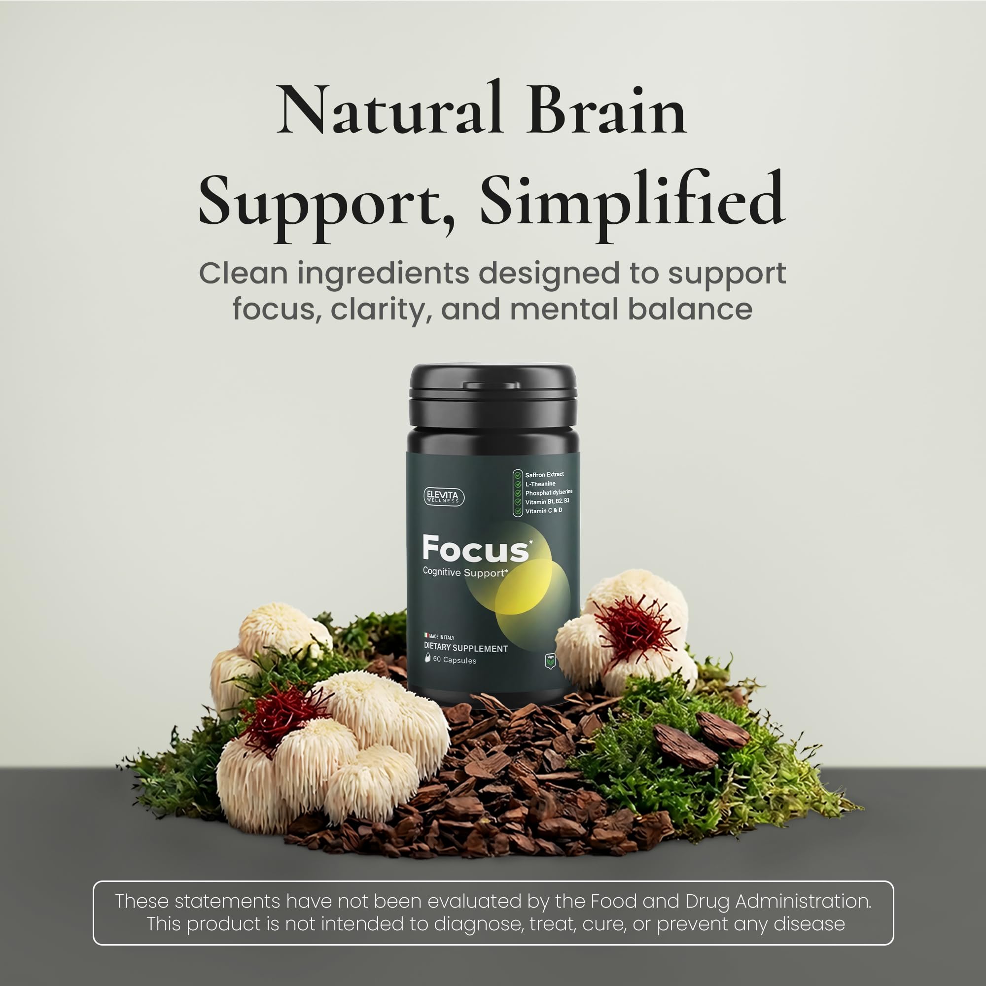 ELEVITA WELLNESS Focus Supplement (Made in Italy) | Premium Blend with L-Theanine, Lion's Mane & B Vitamins, Saffron and Vitamin D | Focus & Cognitive Support for Men & Women