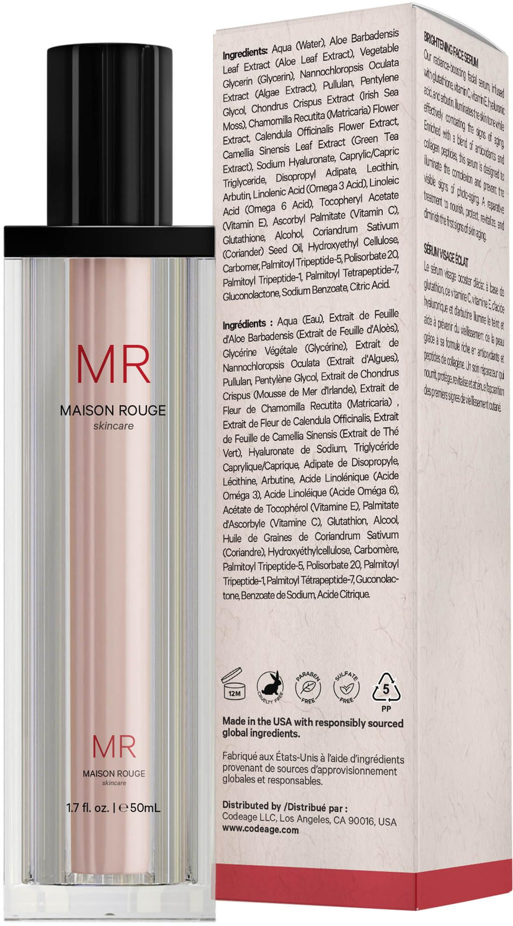 Maison Rouge Brightening Face Serum by Codeage - Glutathione Serum, Vitamin C, E, Hyaluronic Acid, Collagen - Radiance Enhancing - Parabens and Sulfates-Free - Refillable - All Skin Types - 1.7 fl oz Codeage Au supplements