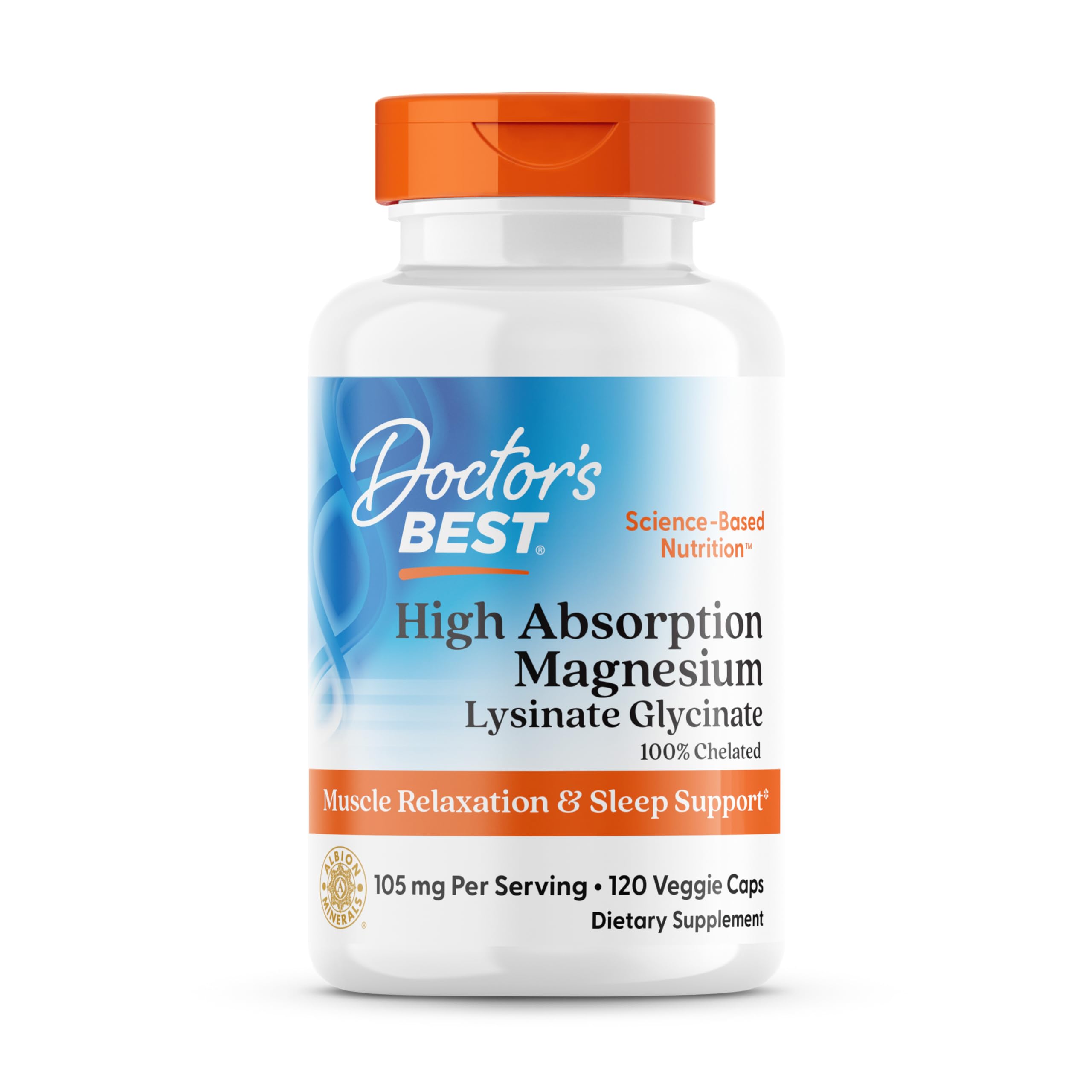 Doctor's Best High Absorption Magnesium Glycinate Lysinate Supplement for Sleep Support - Chelated Magnesium Capsules for Women & Men, 105 mg per Serving, Calm Support, Vegan - 120 Veg Caps Doctor's BEST Au supplements