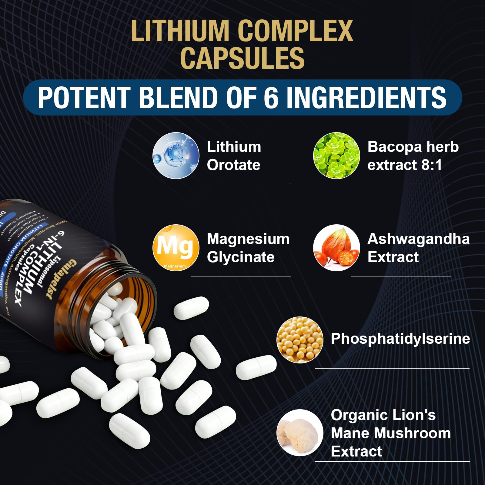 Lisopomal Lithium Orotate Complex Capsules, Lithium Orotate 20 mg, Magnesium Glycinate & Ashwagandha, Brain Health Supplements for Cognitive, Mood & Memory