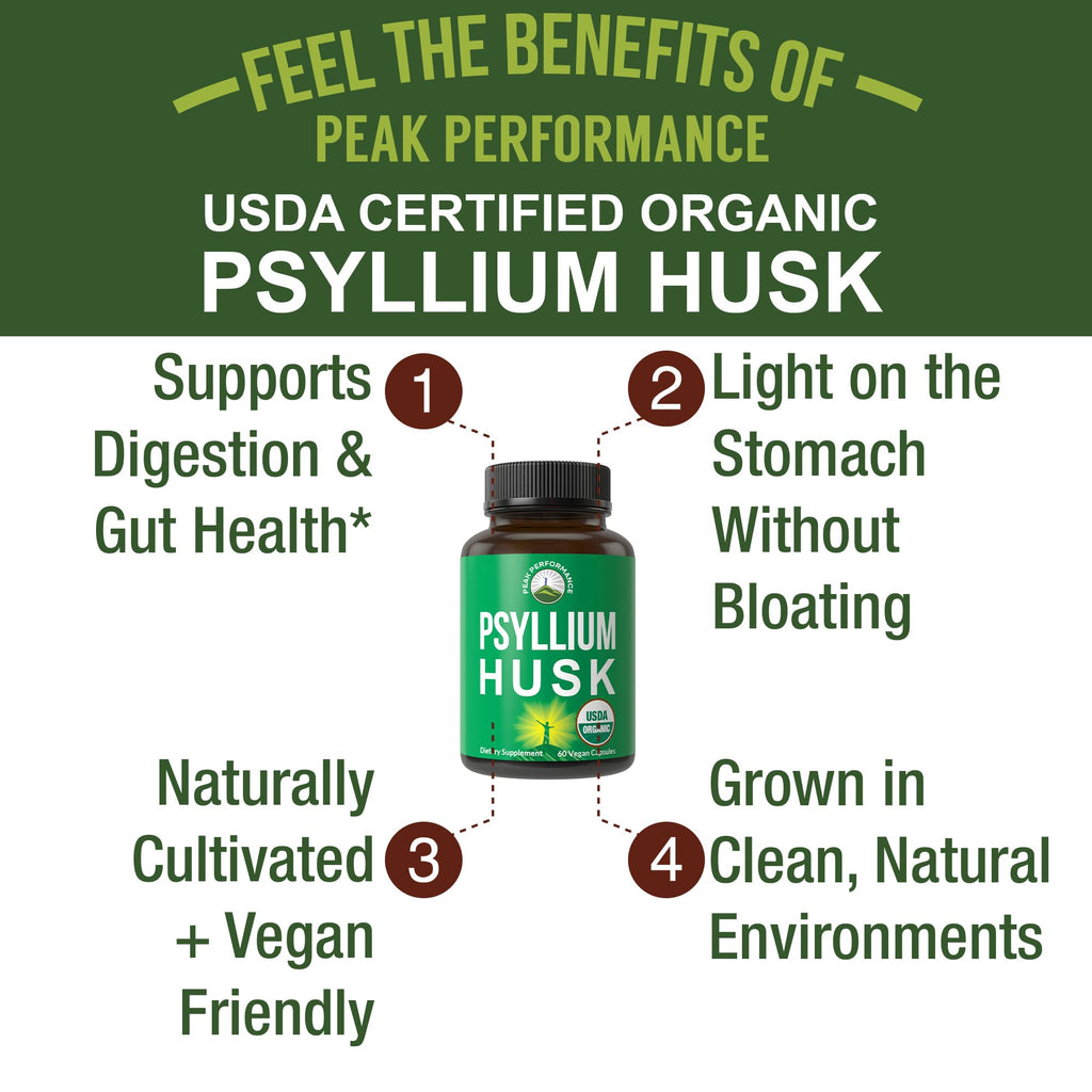 USDA Organic Psyllium Husk Vegan Capsules Made with Organic Psyllium Husk Seed. Fiber Supplement for Gut. Digestive Prebiotics. Pills for Digestion, Roughage Without Bloating. Tablets Peak Performance Au supplements