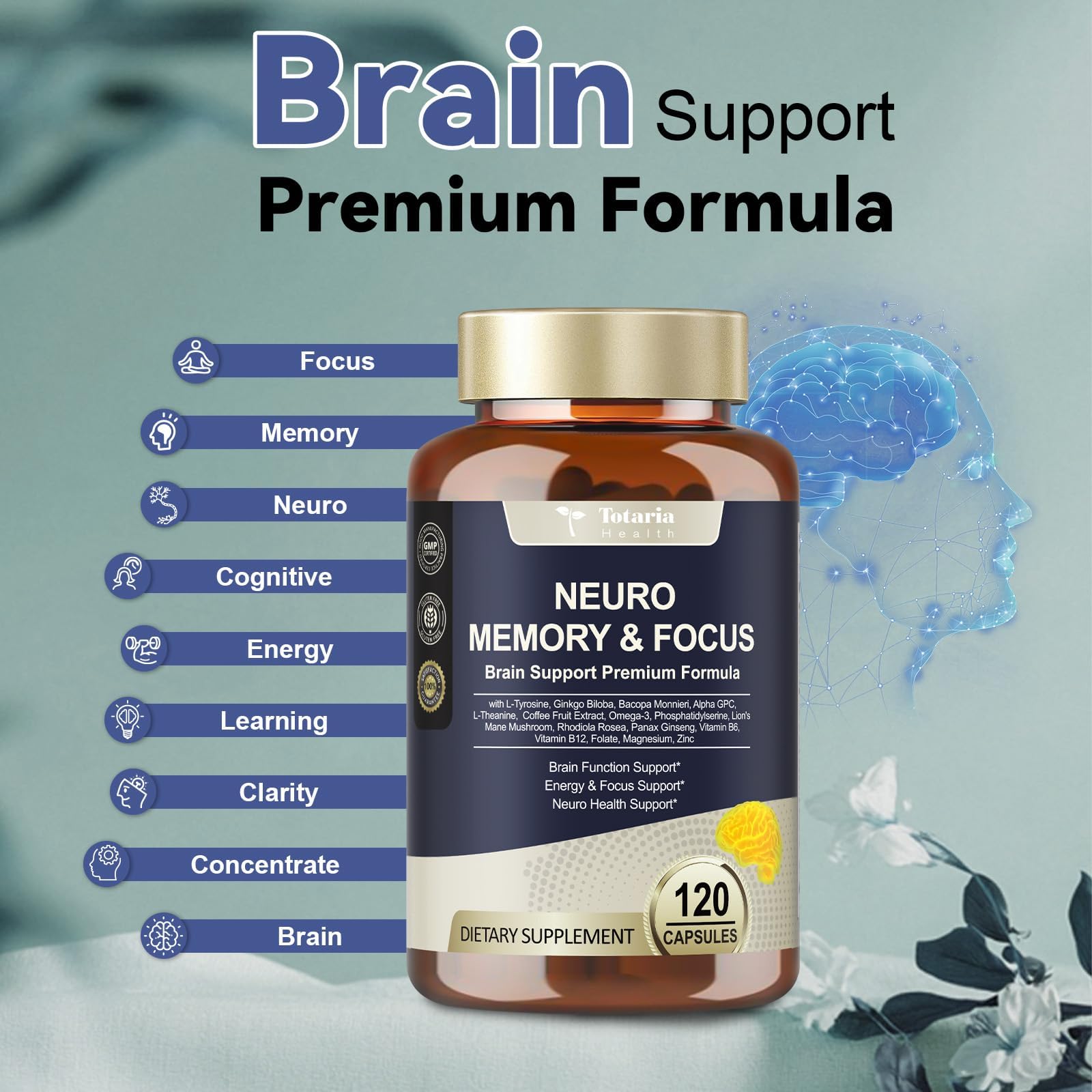 Totaria C-ognitive with Caffeine Pills, L-Tyrosine, Alpha GPC, Ginkgo Biloba, Bacopa Monnieri Brain Supplement for Memory and Focus, Brain Nootropic Support - Non-GMO, Gluten Free (2 Packs) Totaria Au supplements