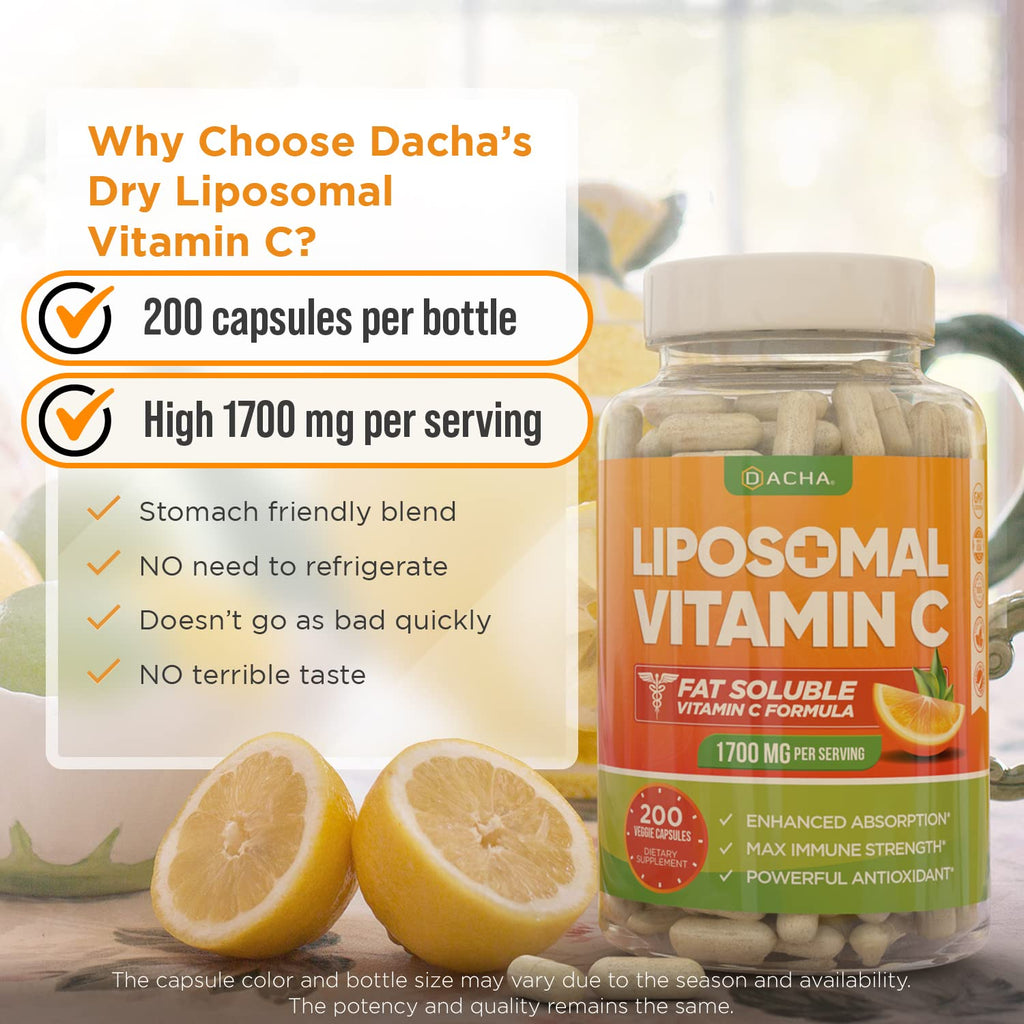 DACHA Natural Liposomal Vitamin C - 1700mg, 200 Capsules, Immune System & Collagen Booster, High Absorption Fat Soluble VIT C