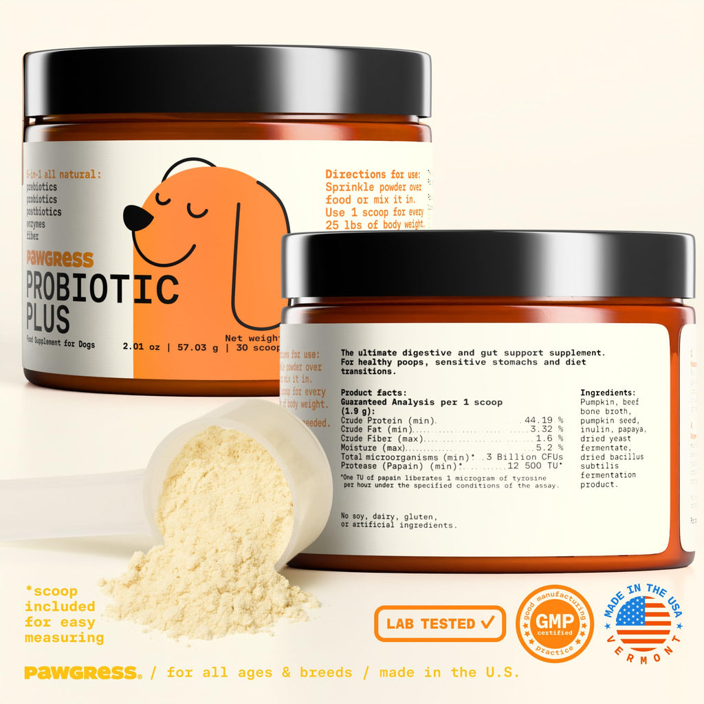 Pawgress 5-in-1 Dog Probiotic Powder – 100% Natural Gut Health Support with Prebiotics, Postbiotics & Enzymes - Made in USA – 30 Scoops PAWGRESS Au supplements