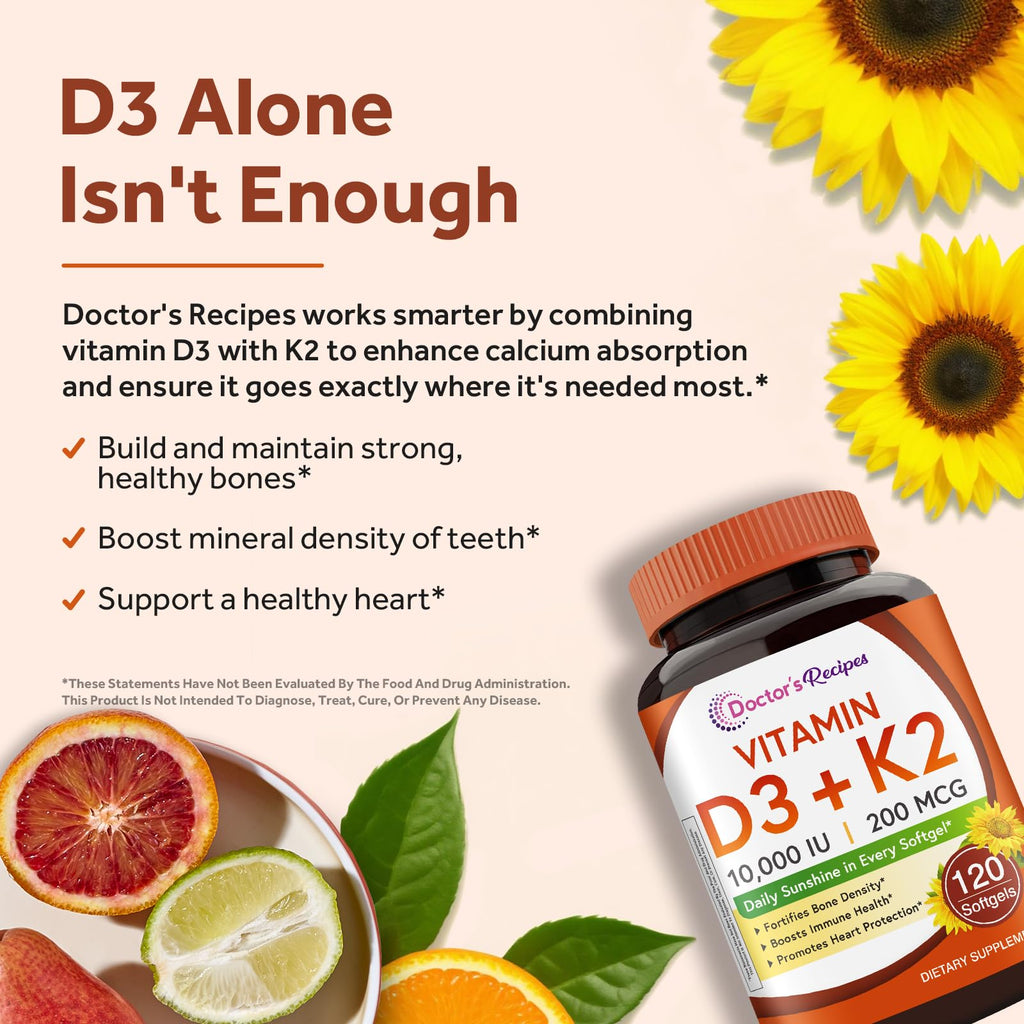 Doctor's Recipes Vitamin D3 K2, 10,000 IU, 200 mcg, MK-7, Strong Bone Density, Teeth, Immune, Heart Support, Energy, Calcium Absorption,