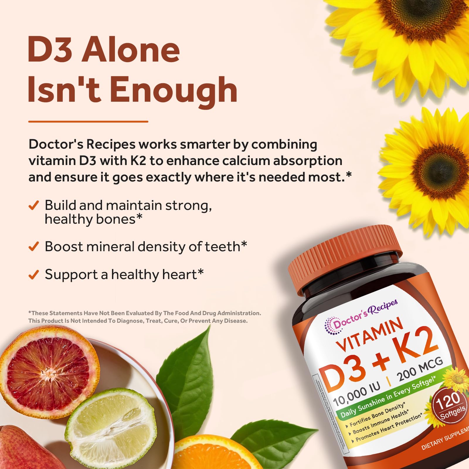 Doctor's Recipes Vitamin D3 K2, 10,000 IU, 200 mcg, MK-7, Strong Bone Density, Teeth, Immune, Heart Support, Energy, Calcium Absorption,
