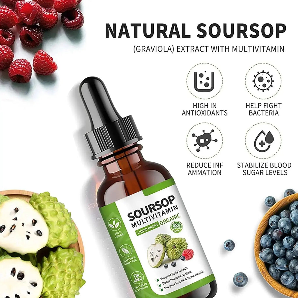 Soursop Bitters Liquid 2 Fl Oz, Soursop Graviola Leaf Extract Liquid Drop, Soursop Multivitamin Liquid Drops Organic for Cell Support, Immune System, Relax bogomo Au supplements
