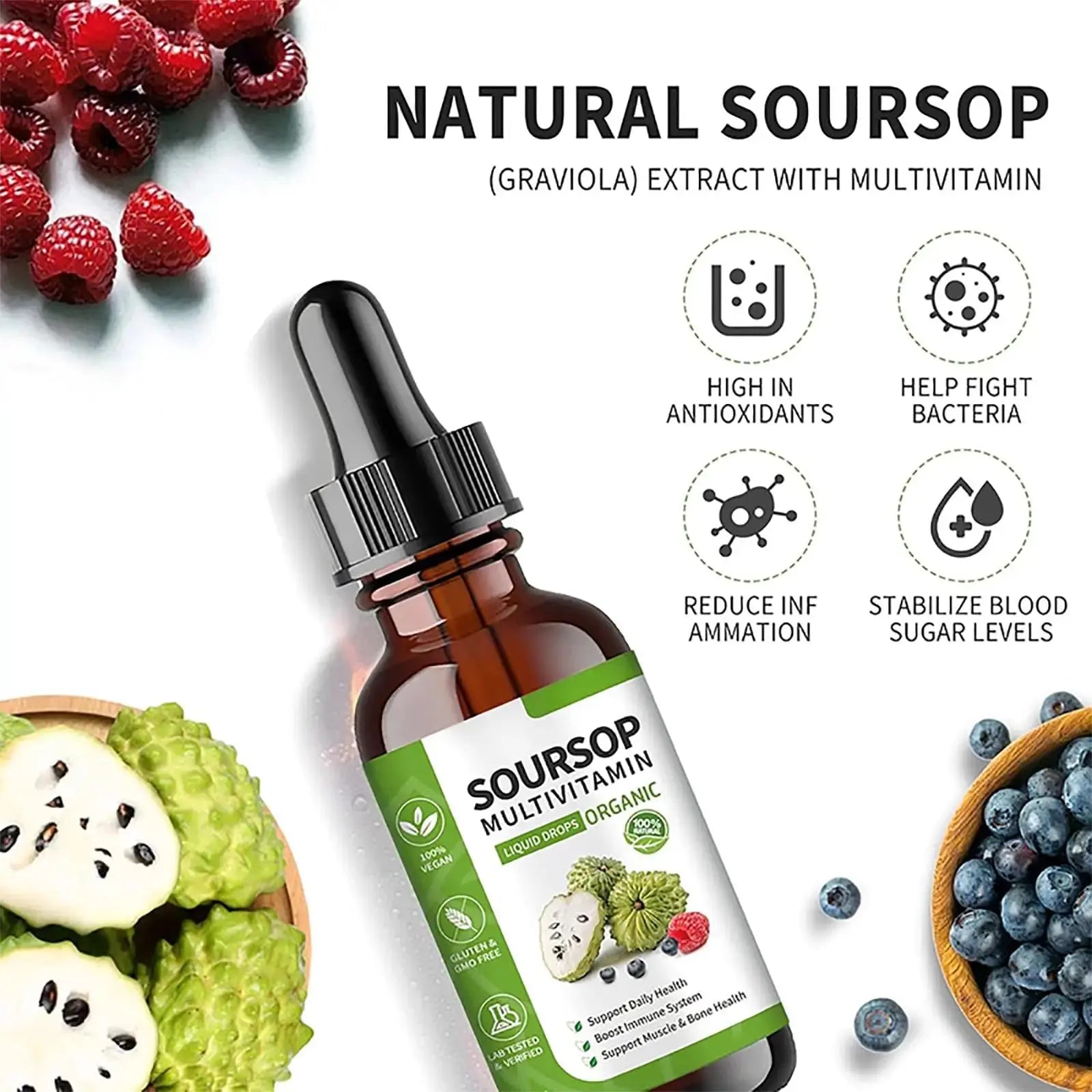Soursop Bitters Liquid 2 Fl Oz, Soursop Graviola Leaf Extract Liquid Drop, Soursop Multivitamin Liquid Drops Organic for Cell Support, Immune System, Relax bogomo Au supplements