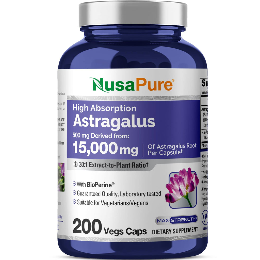 NusaPure Astragalus Root 30:1 Extract, 500 mg Equivalent to 15,000 mg 200 Veg Caps Suitable for Vegetarians and Vegans, Non-GMO NusaPure Au supplements