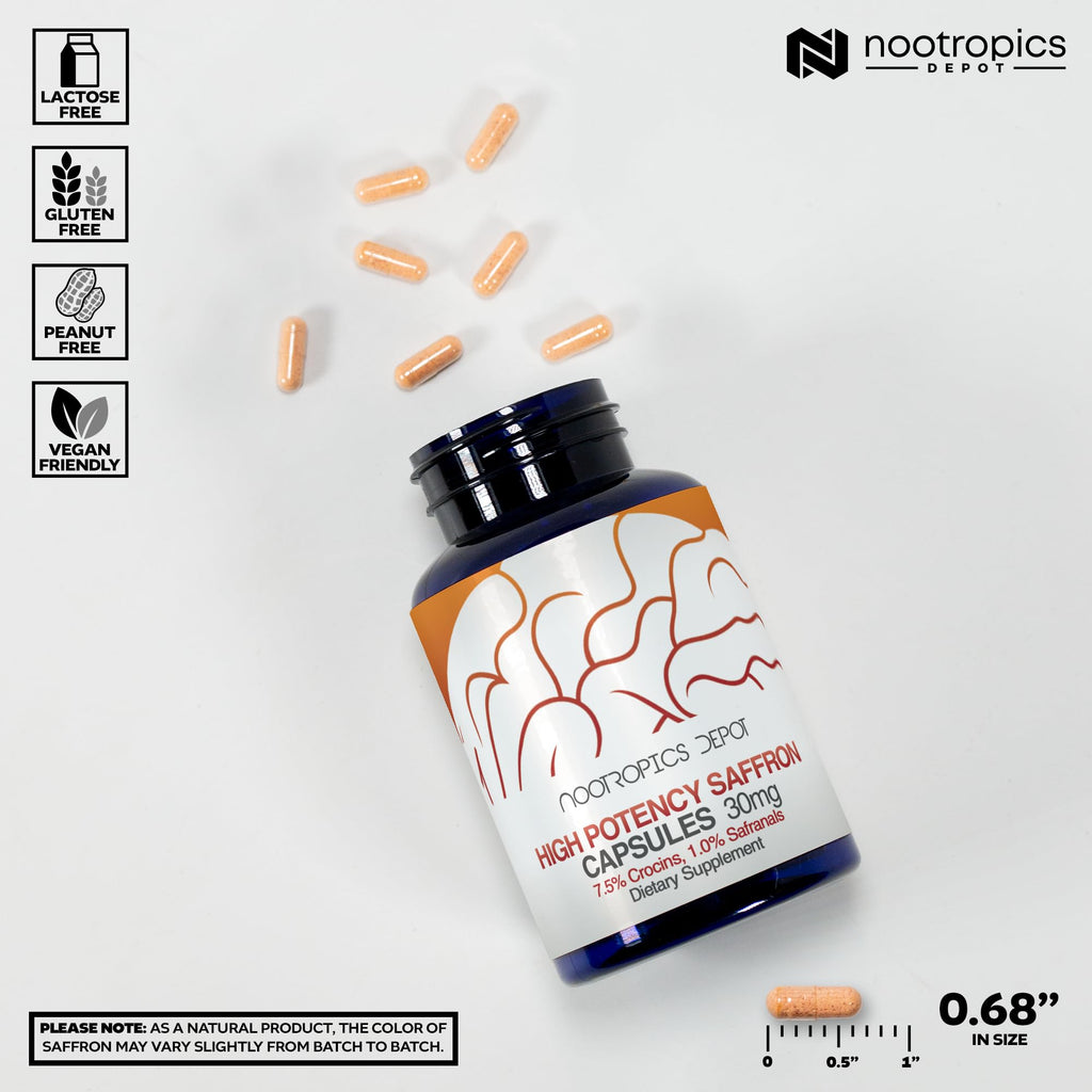 Nootropics Depot High Potency Saffron Extract Capsules | 30mg | Minimum 7.5% Crocins and 1% Safranals | Crocus sativus | 60 ct Nootropics Depot Au supplements