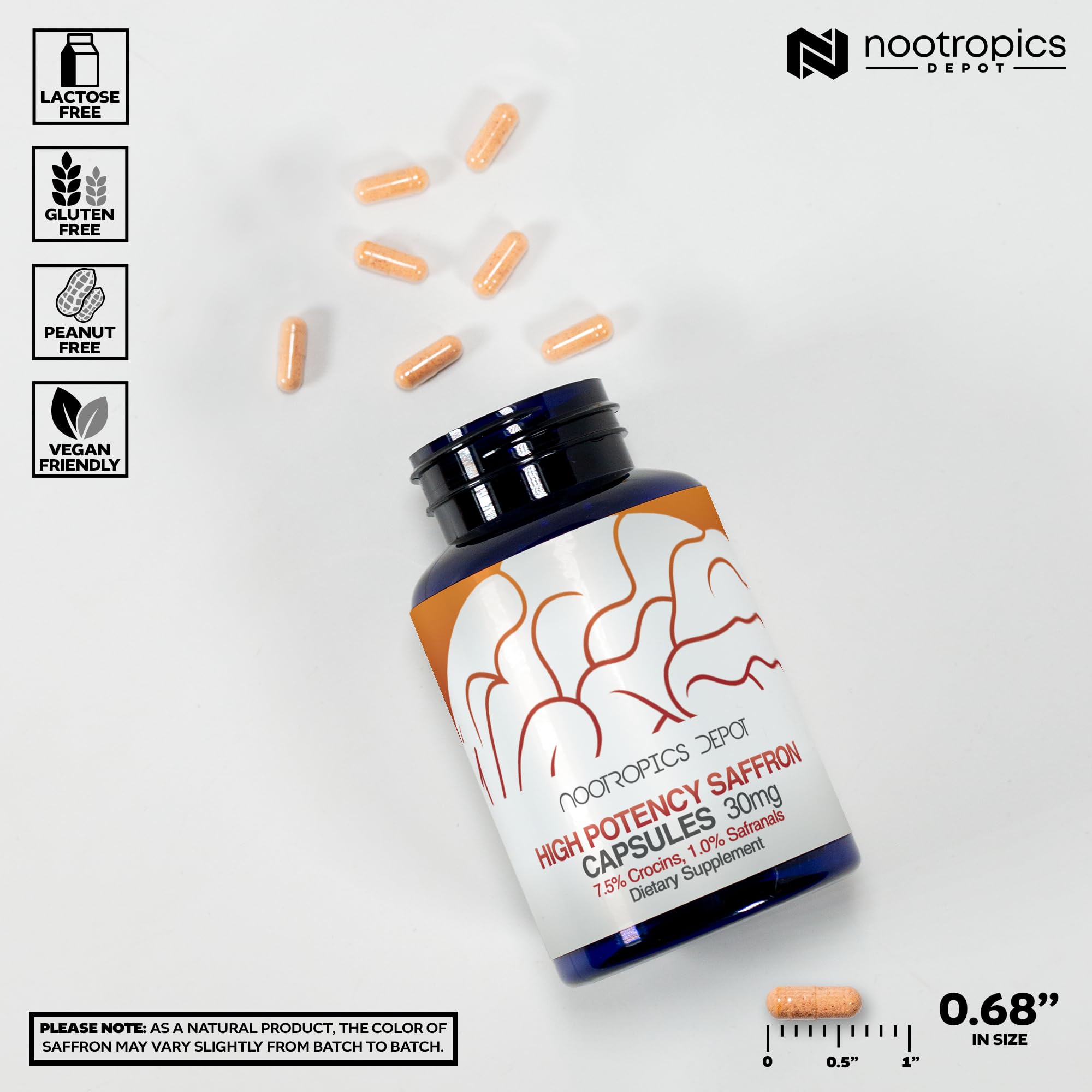 Nootropics Depot High Potency Saffron Extract Capsules | 30mg | Minimum 7.5% Crocins and 1% Safranals | Crocus sativus | 60 ct Nootropics Depot Au supplements