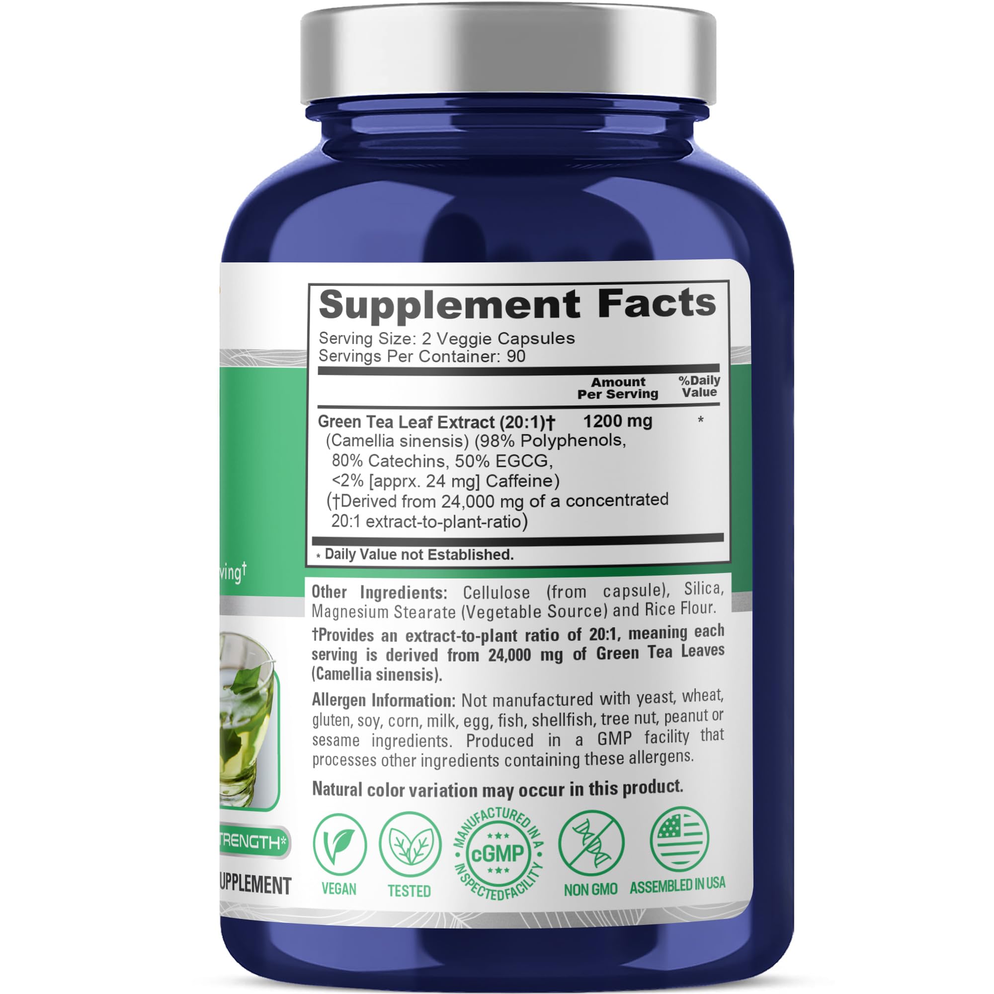 NusaPure Green Tea 20:1 Extract, 1200 mg Equivalent to 24000mg, 180 Vegan Capsules, 50% EGCG, 98% Polyphenols, 80% Catechins NusaPure Au supplements