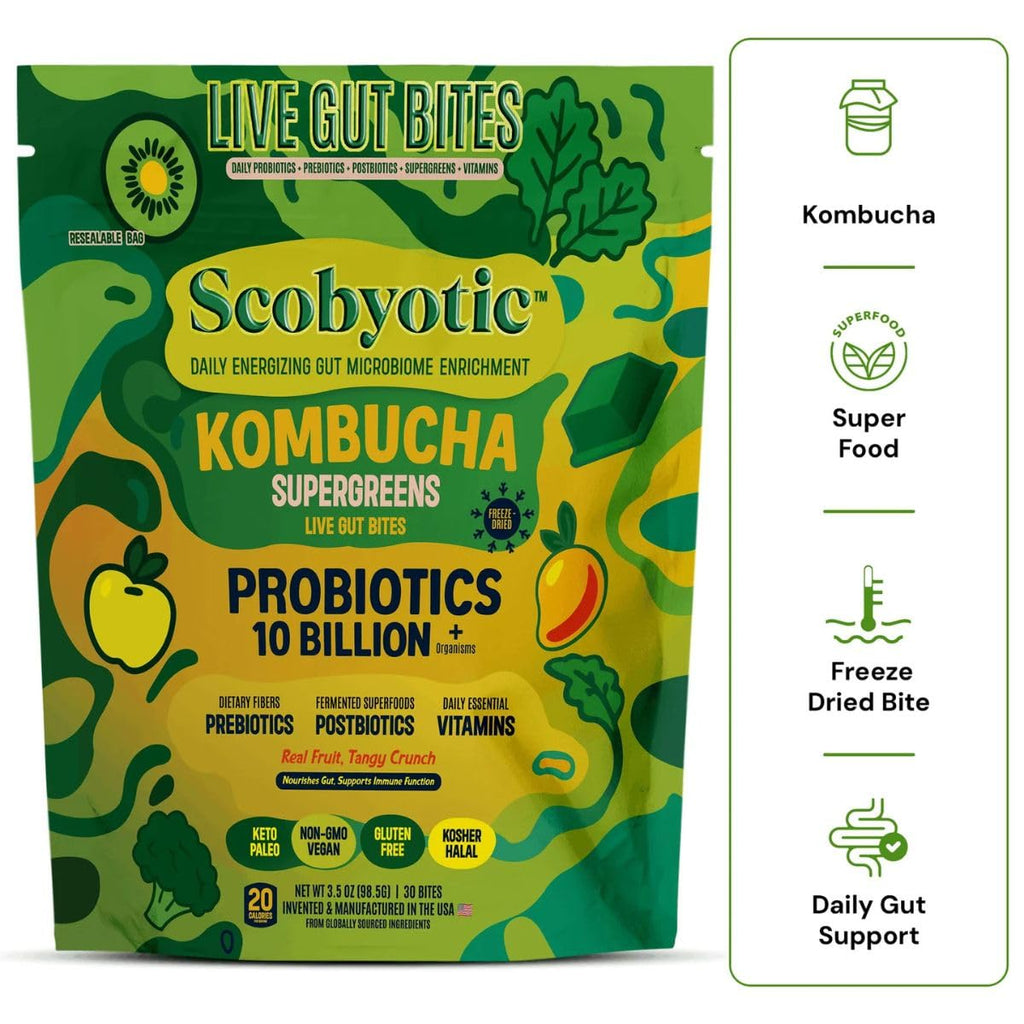 Scobyotic® Kombucha Supergreens Live Gut Bites – 10 Billion CFU Probiotics + Prebiotics & Postbiotics – Kombucha & Supergreens – Freeze-Dried Probiotic Supplement Scobyotic Au supplements