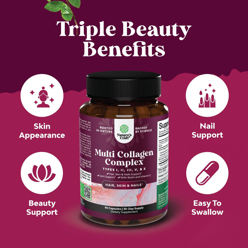 Advanced Multi Collagen Complex - Ageless Multi Collagen Peptides Supplements with Type 1 2 3 5 & X & Biotin for Hair, Skin and Nails Vitamins - Biotin Supplements for Women & Men - 90 Count Natures Craft Au supplements
